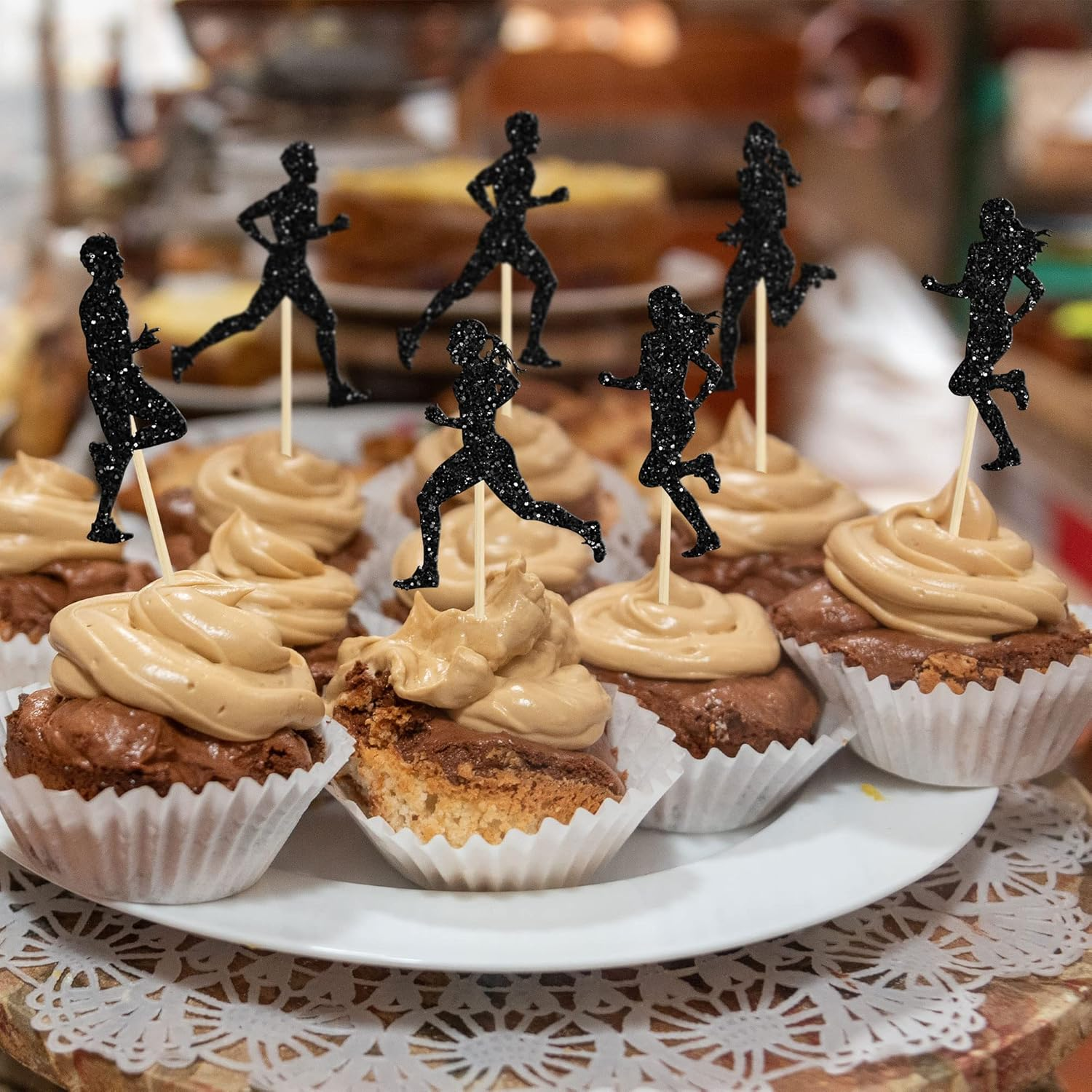 24Pcs Running Cupcake Toppers Black Glitter Sports Fitness Cupcake Picks for Running Theme Boys Girls Birthday Party Cake Decorations Supplies image number 2