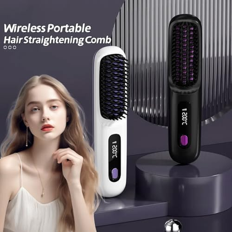 Go Brush Pro, 2025 Cordless Hair Straightener Brush, Portable Straightening Comb for Travel, Portable Mini Hot Comb with Negative Ions Smoother, Rechargeable Heated Brushes (Black) image number 4