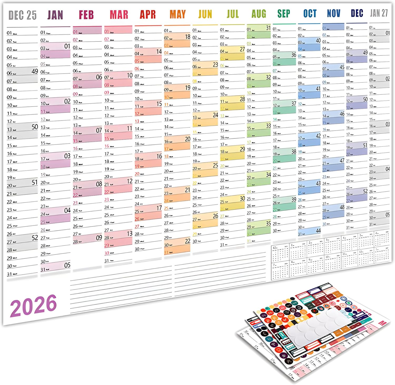 2026 Wall Planner, Large Wall Calendar Yearly Wall Planners & Colorful Stickers, Paper Blank Poster Calendar Charts, 2026 Annual Calendar, 365 Daily Plan Yearly Planner Office Home Plan Chart, Foldable(Multicolor#2)