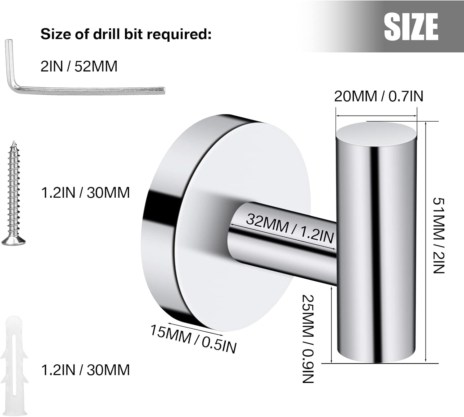 Neween 2PCS Bathroom Towel Hook, Screw in Coat Hooks Wall Mounted Chrome Robe Hooks, Stainless Steel Heavy Duty Wall Hook Cloth Hanger with 4 Screws for Bathroom Hotel image number 2