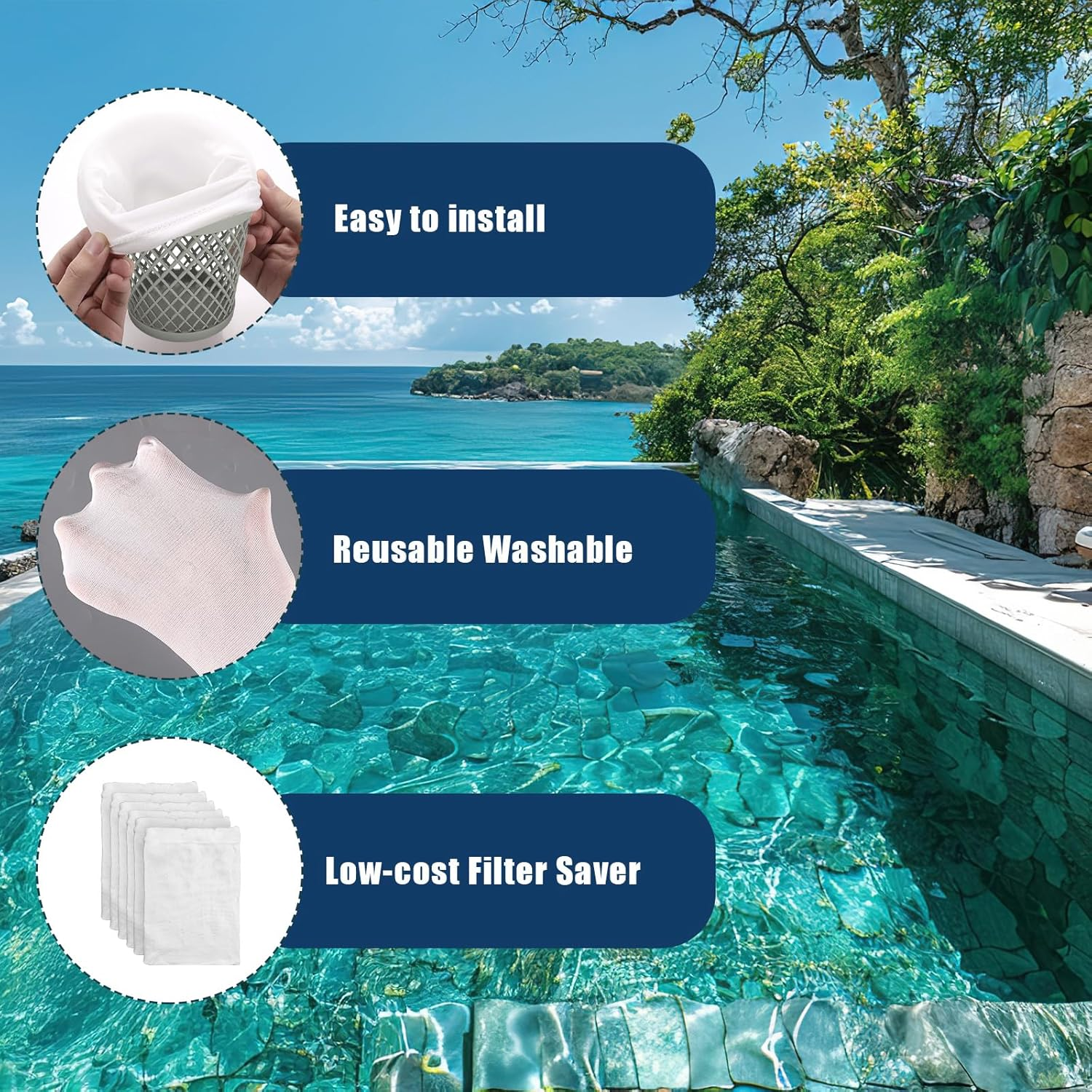 40Pcs Pool Skimmer Filter Socks, Stretchable Skimmer Basket Net Filter Socks for Swimming Pool Leaves Impurities Fine Sand Debris & Other Sundries (White, Dark Blue)