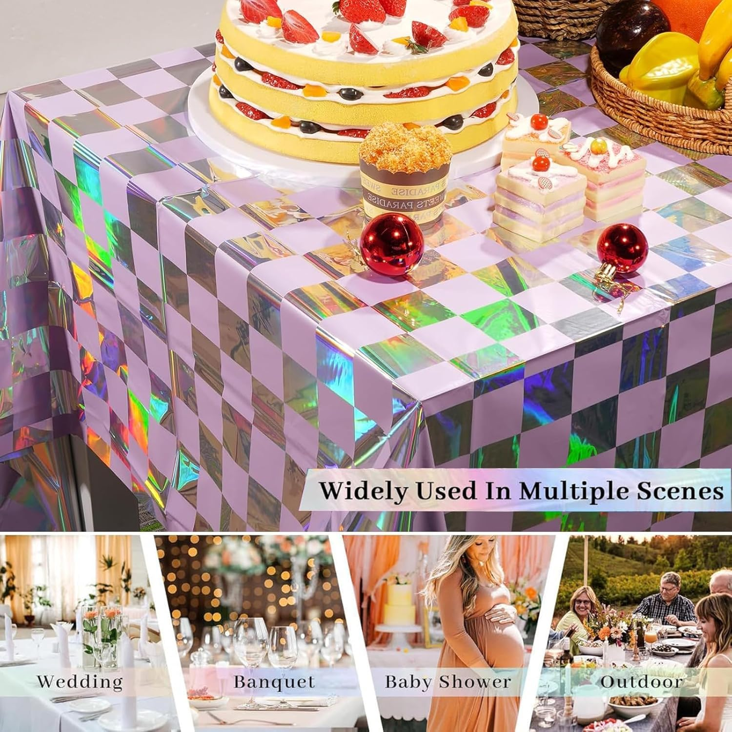 OQOQ Iridescent Checkered Tablecloth (4 Packs, Pink&Sliver) - 108X54 Inches Pink Iridescent Party Decorations Table Cloth Disposable Plastic Table Cover for Birthday Bachelorette Princess Party - Black Silver Checkered image number 5