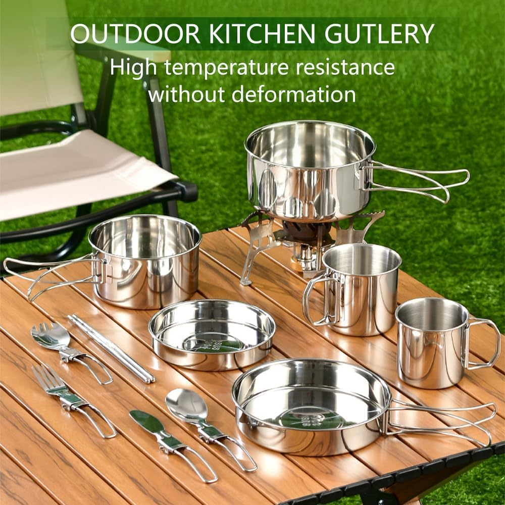 ABDULWEN Outdoor Hiking Picnic Stainless Steel Camping Tableware Kit with Camp Dishes, Cooking Utensils Accessories, Plates and Dinnerware Set image number 3