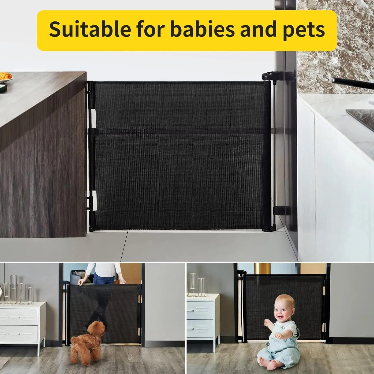 Retractable Baby Gate, Dog Gate Door Extensions, Durable Mesh Baby Safety Door, Wide Pet Gate 86Cm Tall, Extends to 150Cm Wide, for Doorways, Stairs, Halways. (Black, 150Cm) image number 1