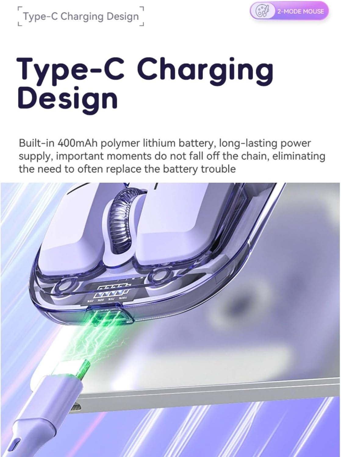 Cordless Gaming Mouse, 2.4G BT 5.0 2 Mode Optical Mouse, RGB Ultra Thin Rechargeable Computer Mice, Ergonomic Mouse for Laptop PC Tablet, Transparent (Purple) - Black image number 7