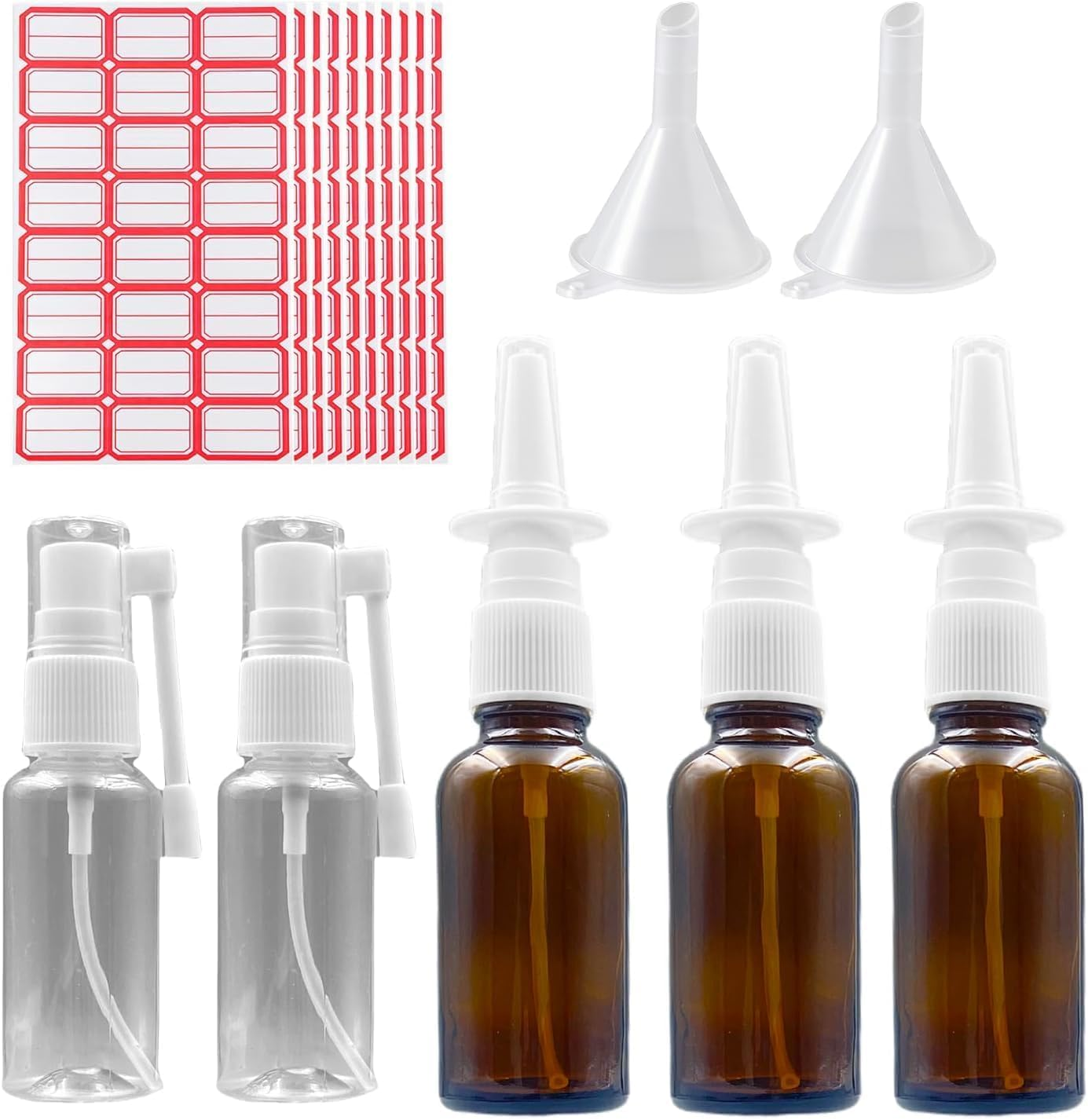 Nasal Spray Bottle, 30 Ml Dropper Bottle with Pipette, 2 Funnels and Labels, Amber Colour, Refillable, Fine Spray Mist for Homemade Cleaning Products, Air Travel or Outdoor Sports image number 6
