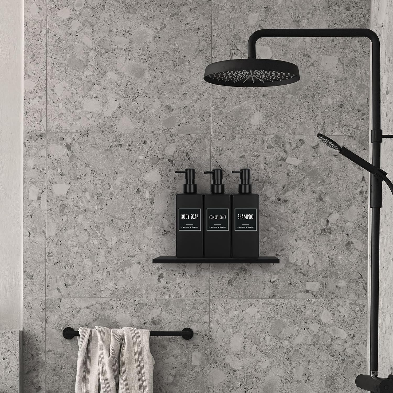 Segbeauty Shampoo and Conditioner Dispenser, 3Pcs 500Ml Hand Soap Dispenser, Pump Bottle Dispenser, Refillable Dish Soap Dispenser, Black Soap Dispenser with Labels image number 1