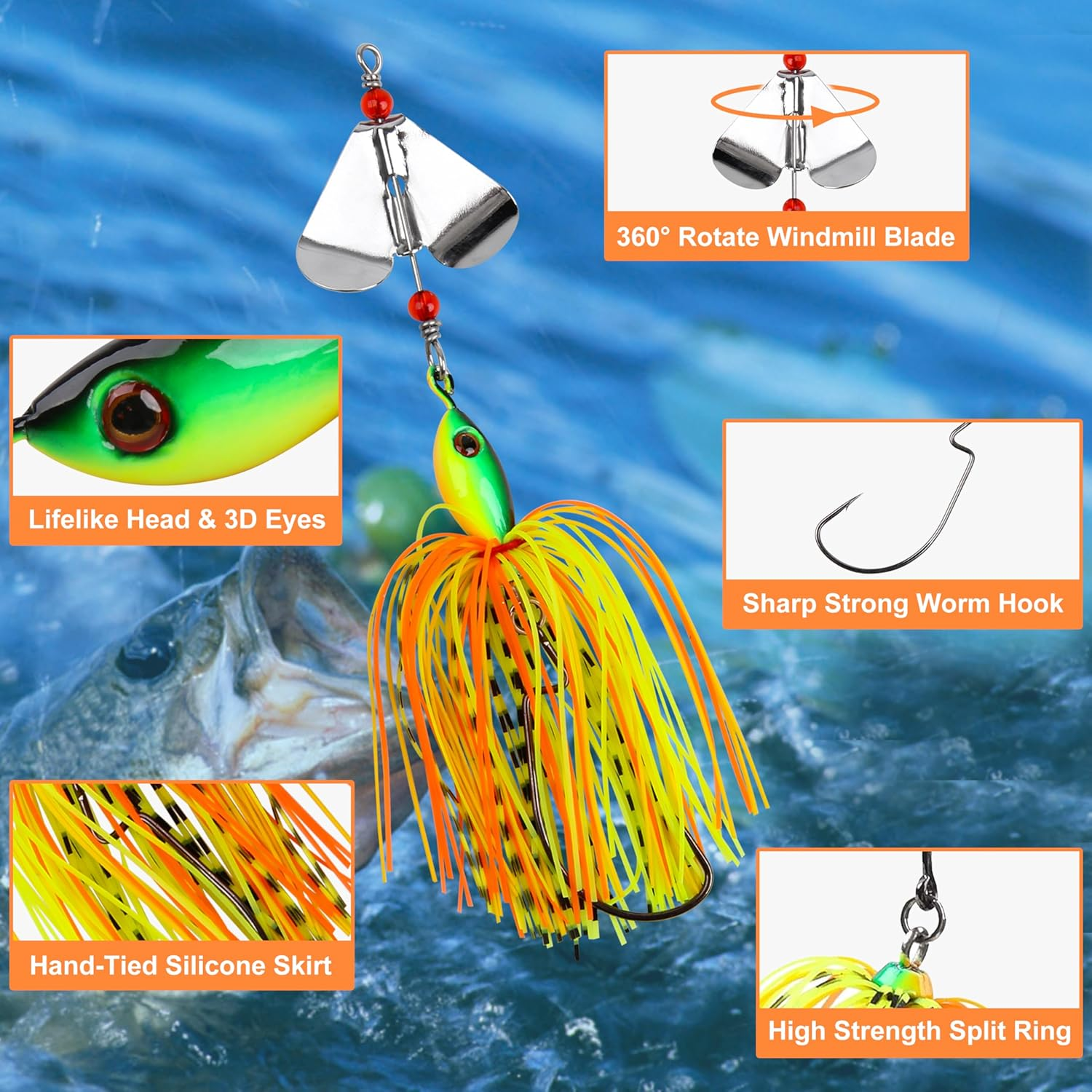 Spinnerbait Fishing Lures Kit Set, 6Pcs Bass Fishing Buzzbait Multicolor Bass Trout Salmon Metal Spinner Baits Swim Jigs Freshwater Saltwater Fishing - Style A-6Pcs image number 5