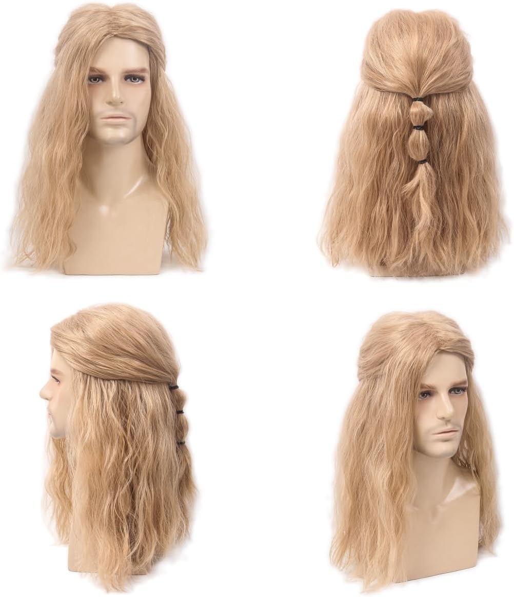 Stfantasy Mens Platinum Blonde Wig Long Curly Wigs for Men Mid Length Middle Part Synthetic Hair for Man Male Cosplay Winter Soldier Costume&hellip; (Blonde) - Black image number 2