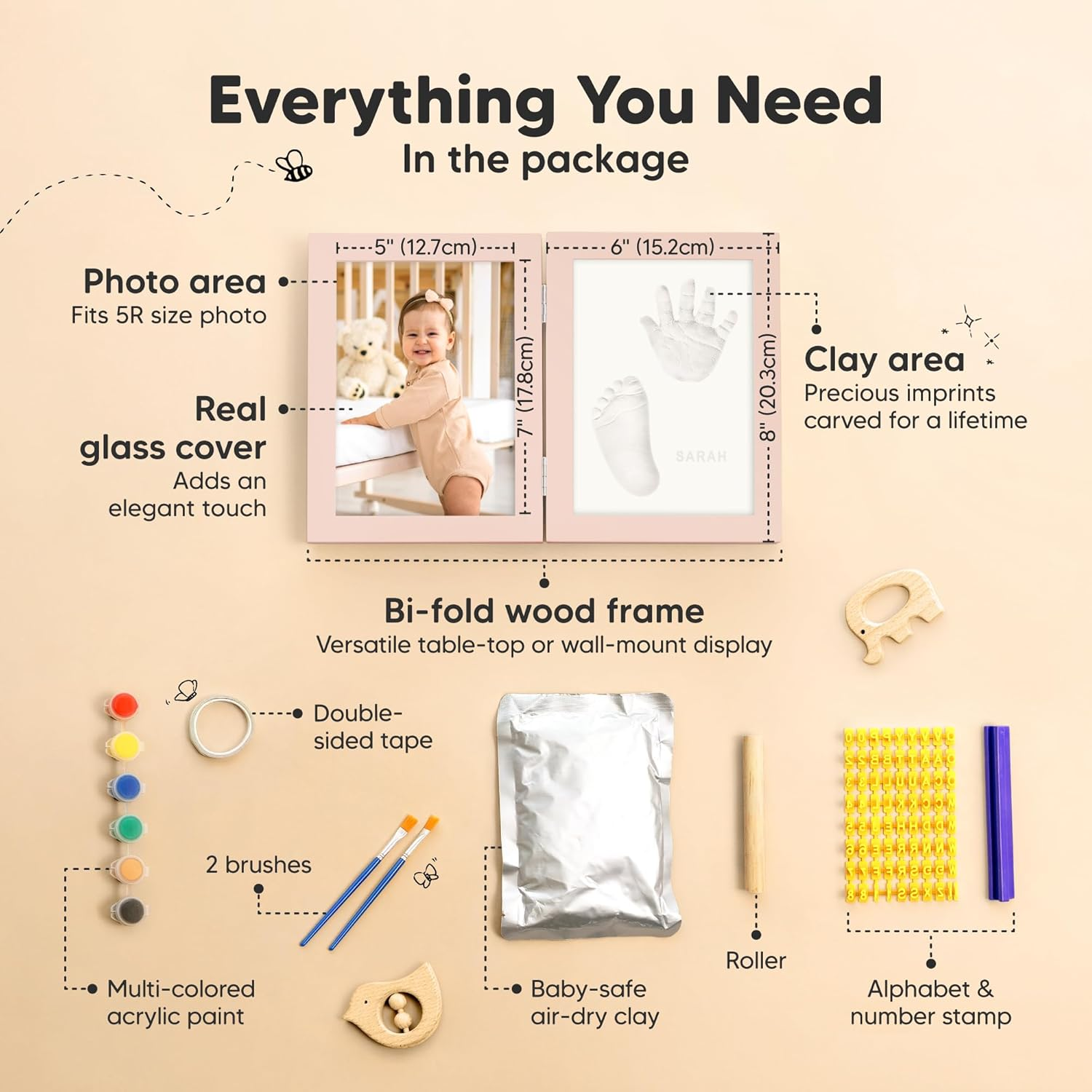 Personalized Baby Hand and Footprint Kit - Quick Dry Clay Foot and Handprint Kit, Newborn Nursery Picture Frame, New Mom Gifts for Baby Showers & Registry (Petal Pink) - Petal Pink image number 6