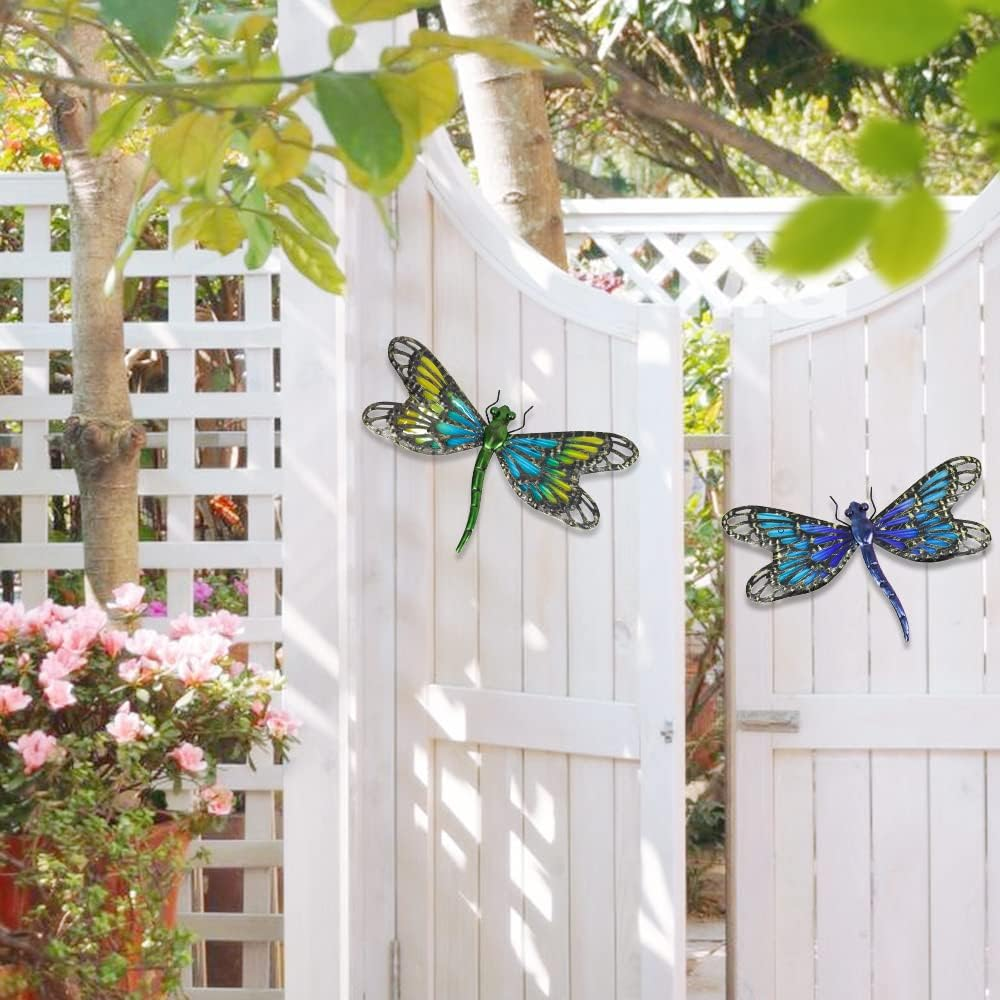 HONGLAND 2Pcs Metal Dragonfly Wall Decor Outdoor Dragonfly Wall Art Glass Sculpture for Home Garden,Gradient Blue&Green