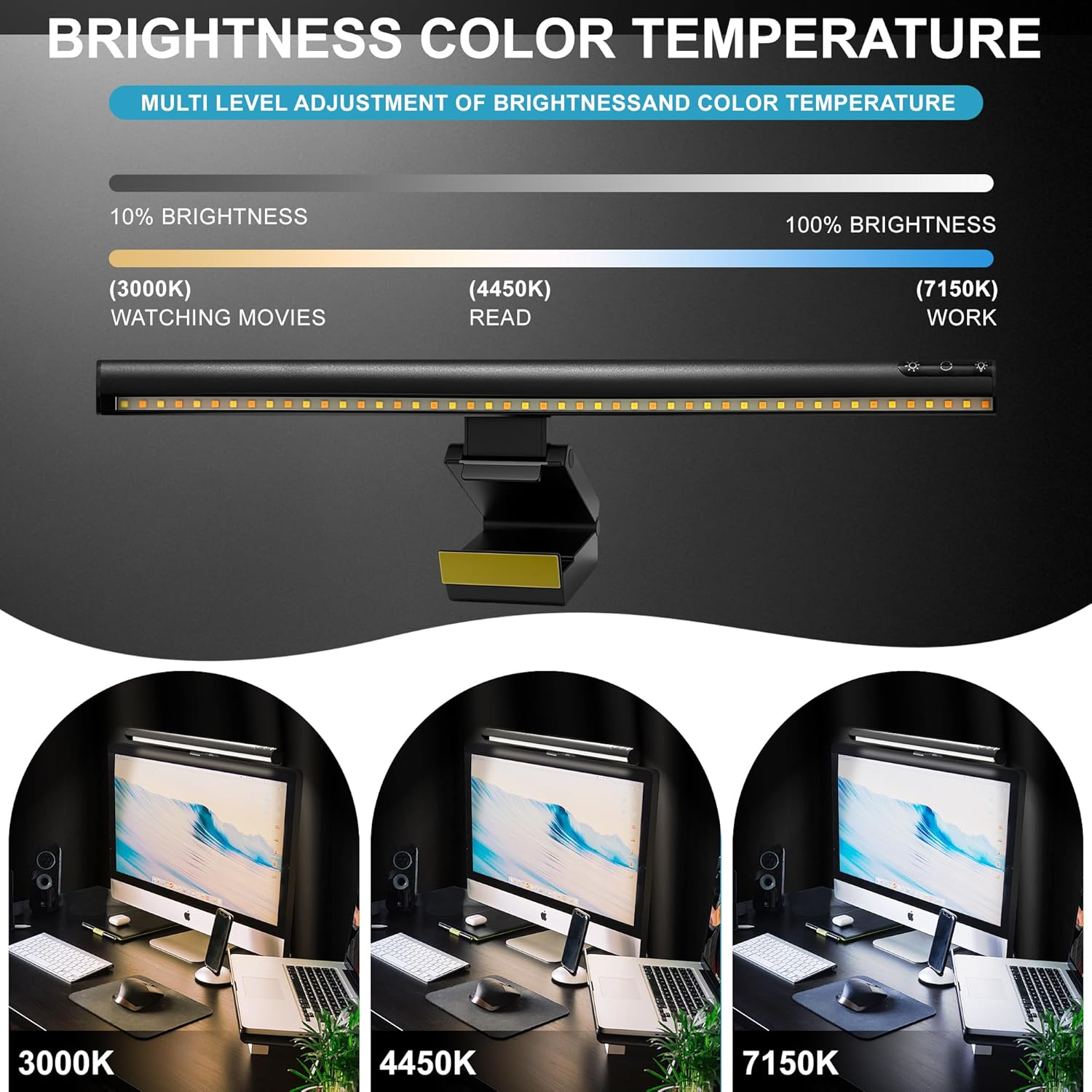 SNSUTY Monitor Light Bar, 42CM Dimmable Lighting Monitor Lamp Type-C Link Adjustable Stepless Dimming Screen Light Bar, Eye Caring No Glare Gaming Work Desk Lamp(Black) image number 3