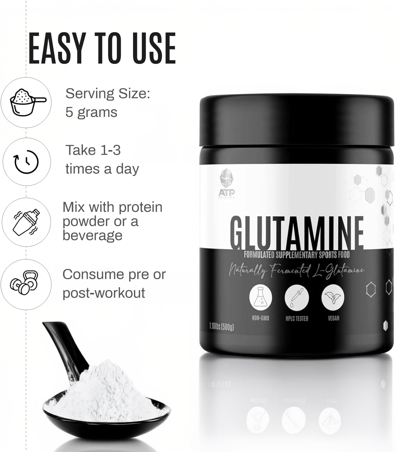 ATP Science L-Glutamine Pure Powder, Support Muscle Recovery and Immune System, Vegan, Gluten-Free, Gmo-Free, Sugar-Free, 500G image number 4
