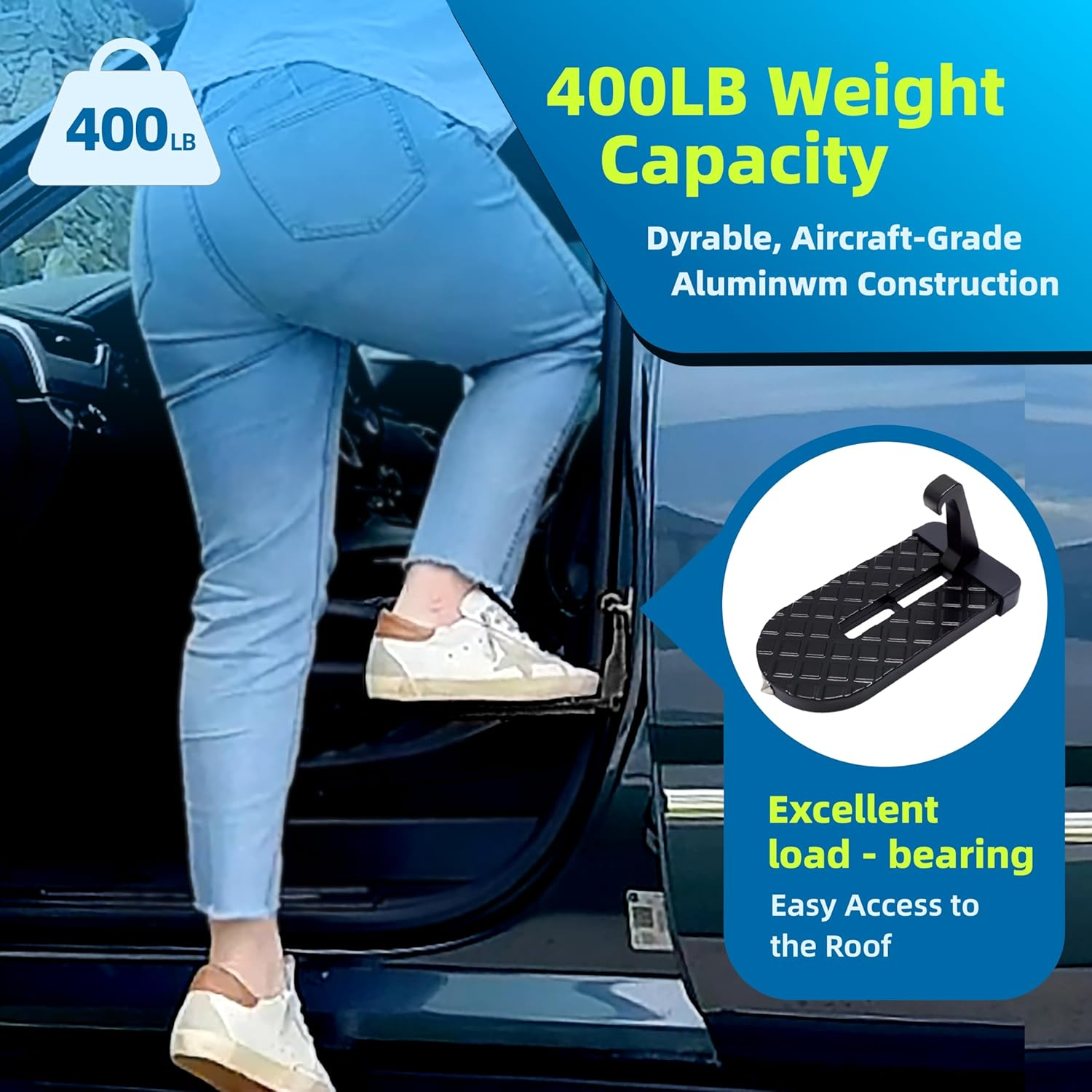Car Door Step, Universal Fit Car Roof Access, Folding Aluminum Alloy Car Step, 400Lbs Load Capacity, Fits Most Cars, Suvs and Trucks (Black)