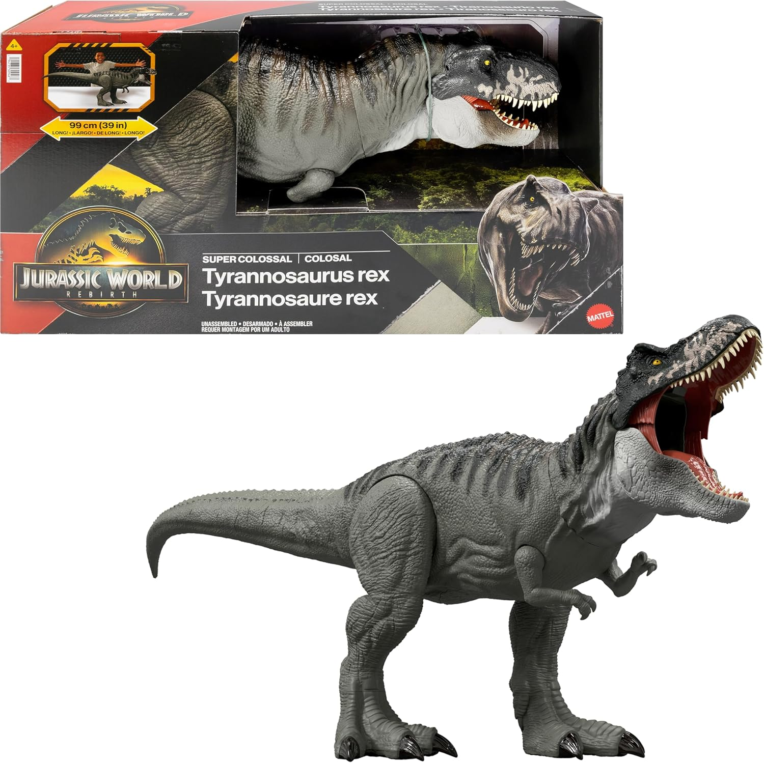 Mattel Jurassic World Rebirth Super Colossal Tyrannosaurus Rex Action Figure, T-Rex Dinosaur Toy Swallows Minis, Movie-Accurate Posable