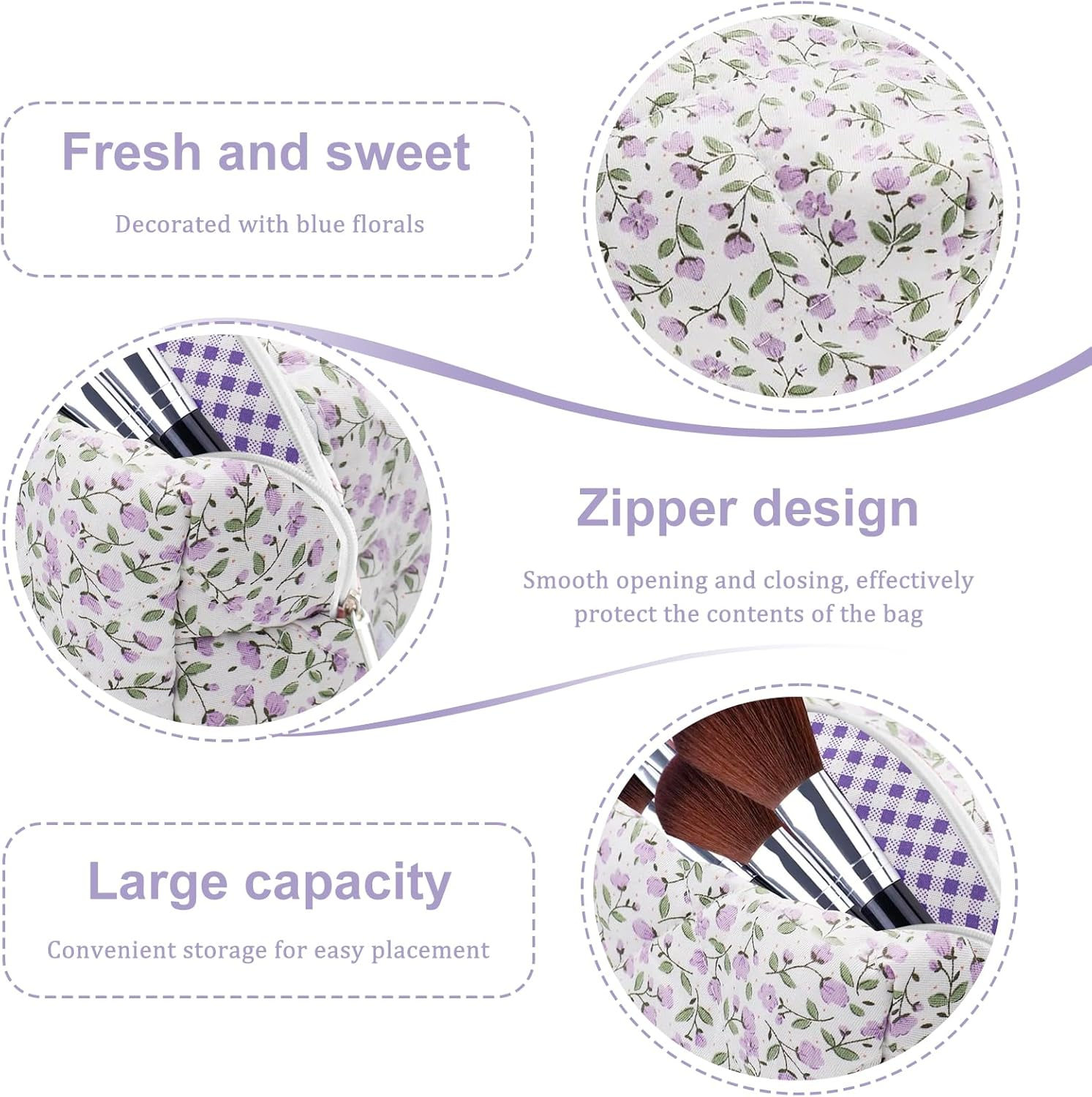 LUHOCIY Cosmetic Bag Flowers, Quilted Cosmetic Bag, Make up Bag, Made of Soft Cotton Material with Zip for Holding Various Make-Up Utensils, Purple, in a Sweet and Fresh Morandi image number 6