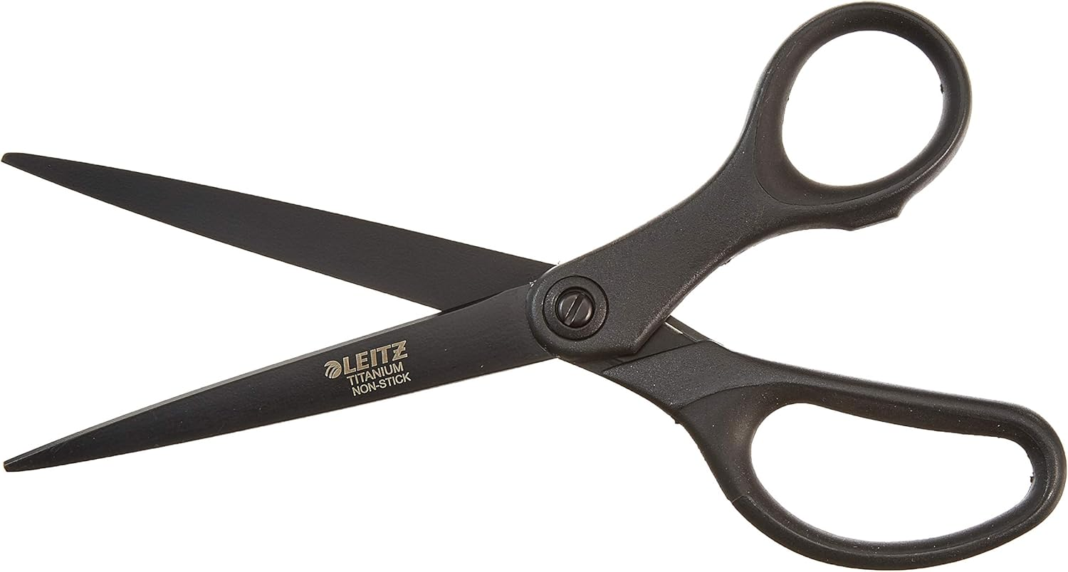 Leitz Titanium Scissors, Right or Left Handed (Ambidextrous), Non Stick, Office Stationary, Ergonomic Handle, Black, 180 Mm
