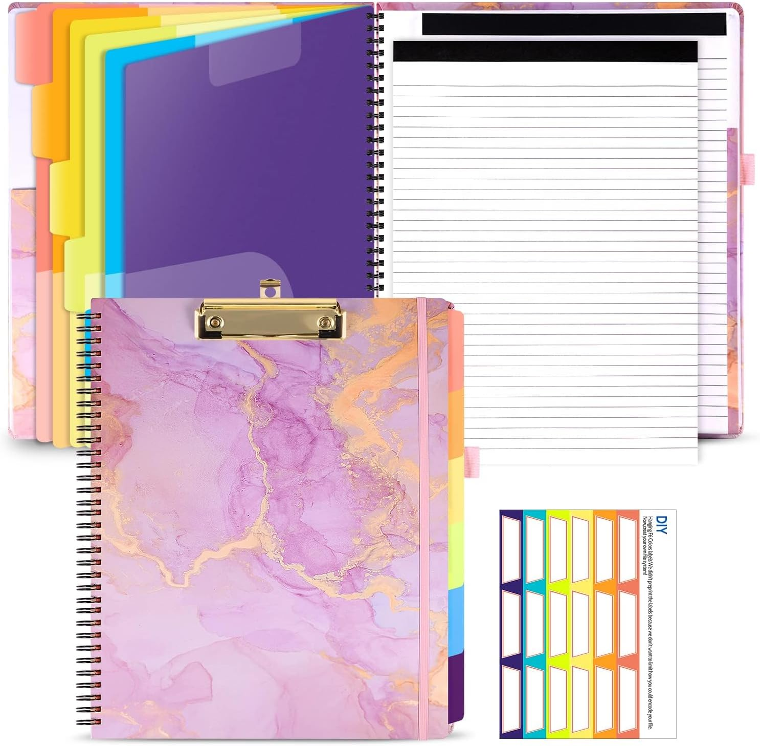 Foldable Storage Clipboard Folio, Spiral Clipboard Folder with 2 Notepad & 6 Dividers, 12 Pockets, Elastic Band, Pen Loop, Clipboard Folder Great for School Office, Letter Size (11" X 8.5"), Marble image number 2