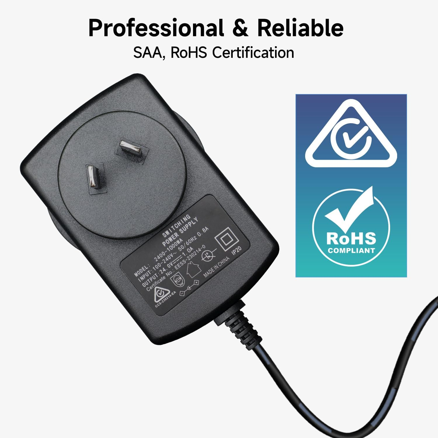 24V 1A 24W 1.8M Long Power Supply Adapter, AC DC Switching Adapter (Input 100-240V, Output 24Volt 1Amp 1000Ma), DC 24V 5.5X2.1Mm Wall Mount Transformer Charger Plug, SAA Certified - 24V1A+8Tips image number 7