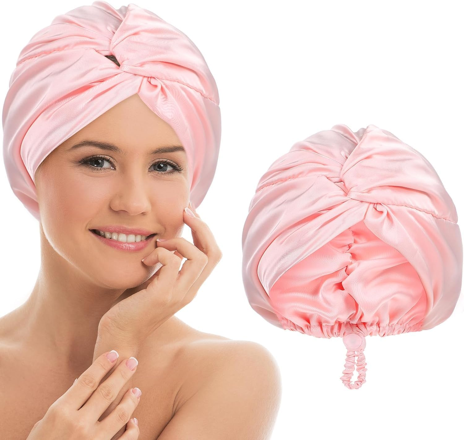 Silk Shower Cap for Sleeping Women 1PC Adjustable Silk Satin Hair Bonnet Double Layer Hair Wrap Sleep Cap Night Turban Soft Shower Cap Curly for Sleep for Long Curly Unisex (Pink, One Size) image number 2