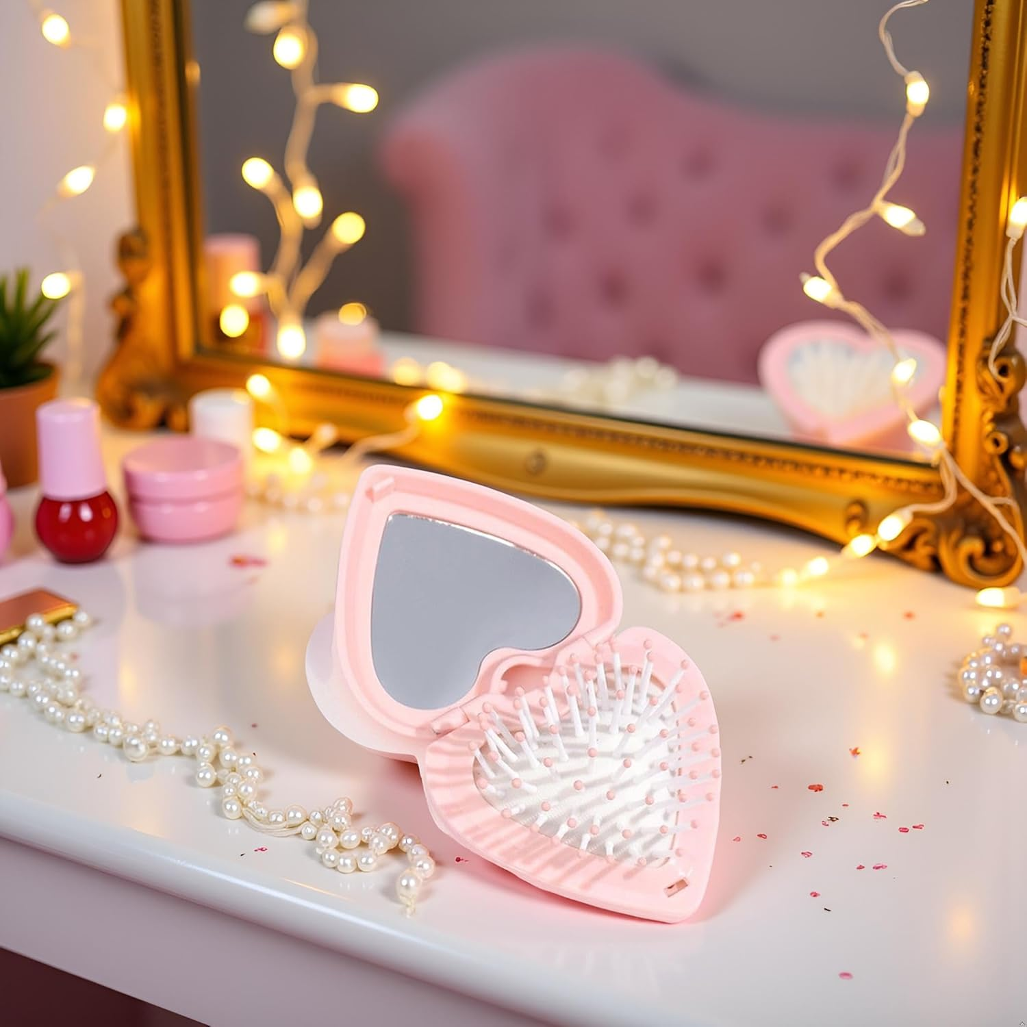 Heart Shape Mini Hair Brush for Purse Travel Folding Pocket Mirror Foldable Comb Women Girl (Pink) - Blue image number 2
