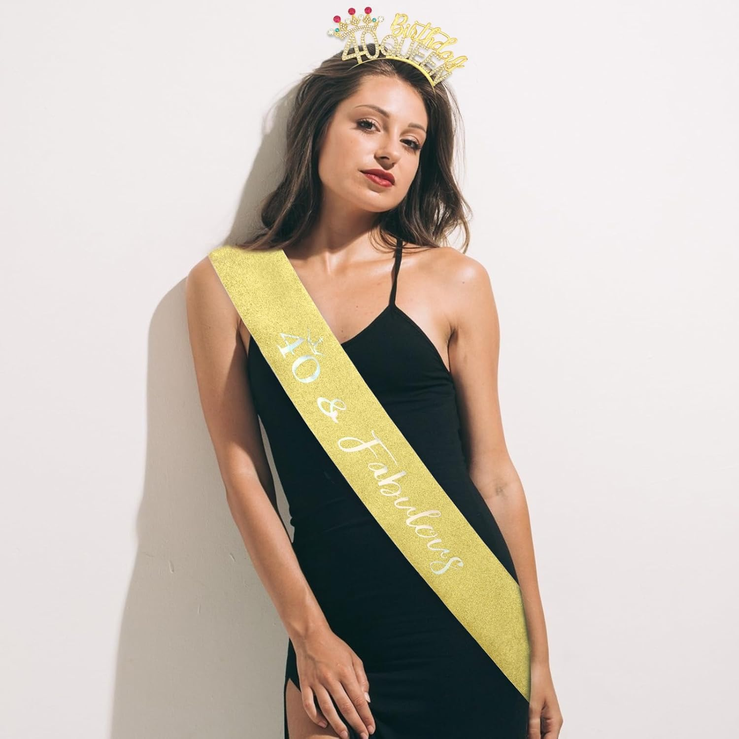 Pruadeor Gold 40Th Birthday Crown Woman 40Th Birthday Headband Glitter Sash for Birthday Party Decoration Gift