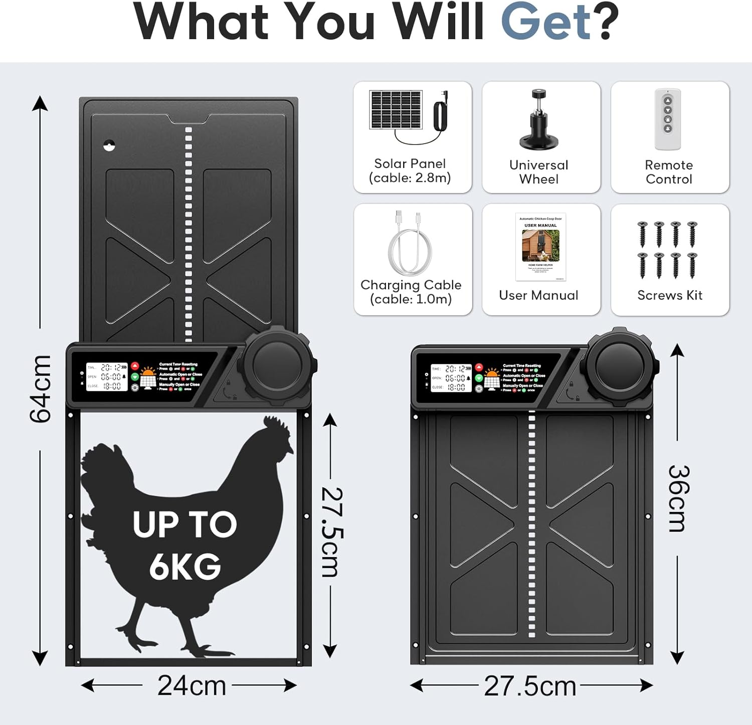 Large Automatic Chicken Coop Door, Aluminum Automatic Chicken Door with LCD Display, Solar Pannel image number 1