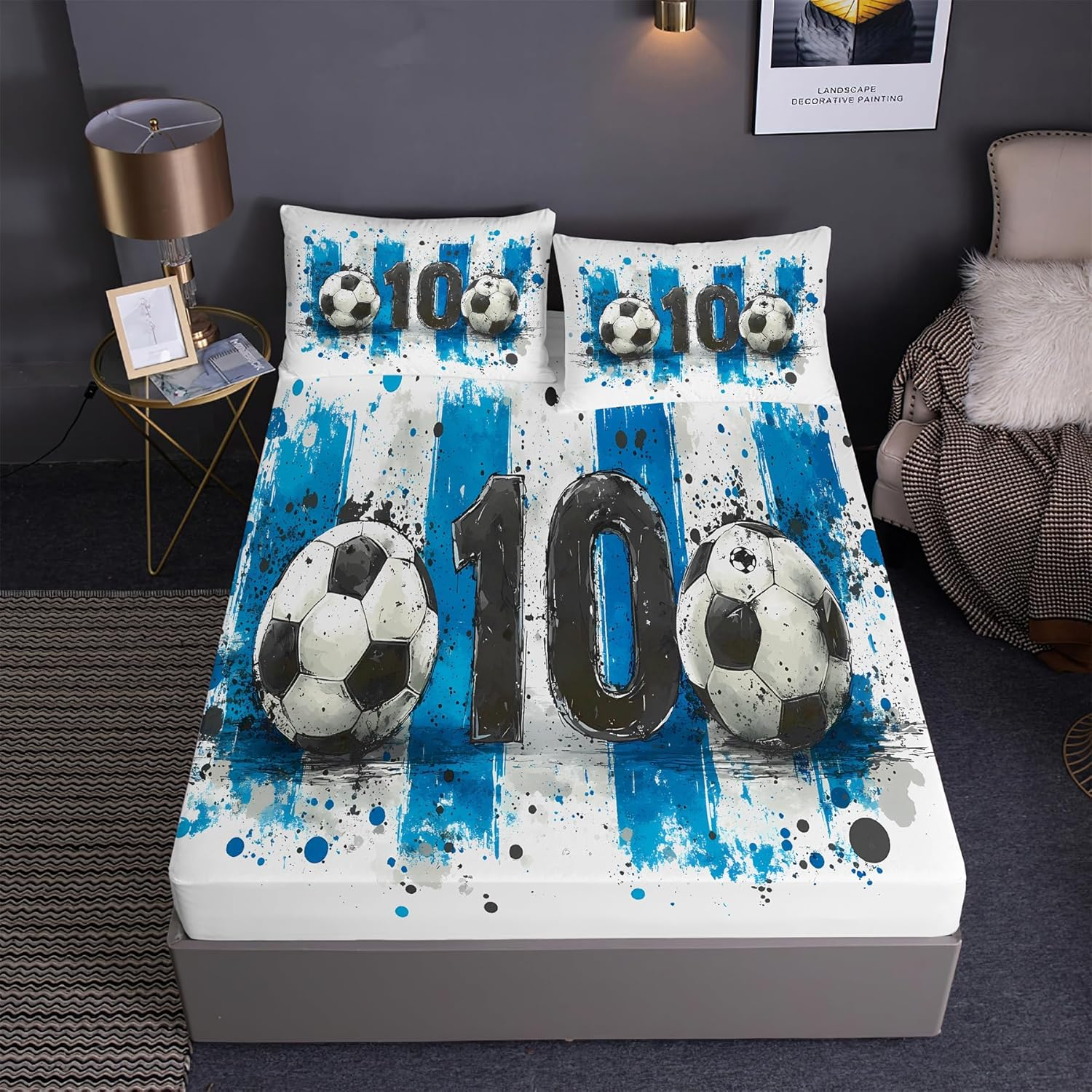Soccer Ball Prints Fitted Sheet Set Hand Drawn Sports Series Football Fans Bedding Set | with Fitted Sheet and 2 Pillowshams(3Pcs) or Comforter(4Pcs) (Queen-3Pcs,A)