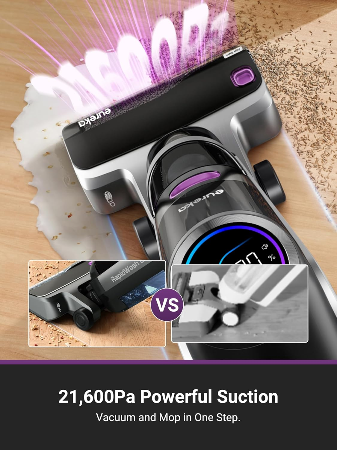 EUREKA Rapidwash NEW630 Cordless Wet Dry Vacuum Cleaner, 21600Pa Smart Hard Floor Washer with 170&deg; Lay-Flat, 60℃ Hot Air Flash Drying, Self-Cleaning, Edge Clean, Messes Detection, Tangle-Free Design image number 3