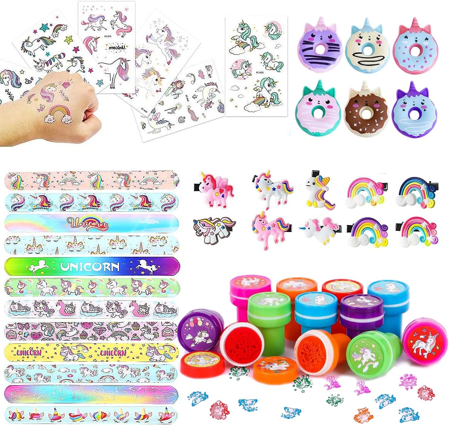 Unicorn Party Favors for Kids Unicorn Party Supplies 12 Slap Bracelets,12 Stamps,10 Sheets Luminous Temporary Tattoos,10 Unicorn Hair Clips,6 Unicorn Erasers for Birthday Party image number 3