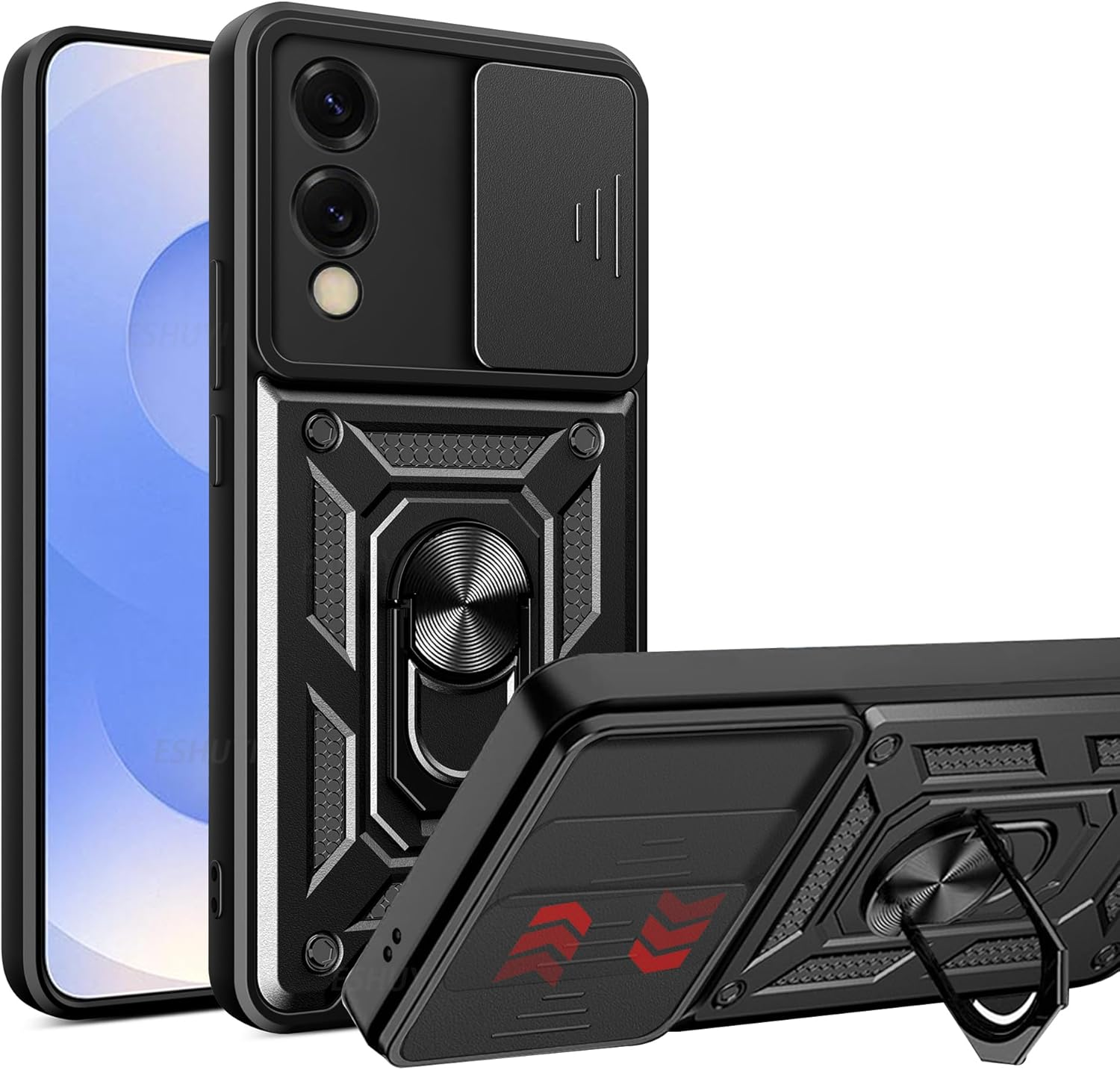 ESHUYI&reg; Case for Samsung Galaxy S25 Edge with Slide Camera Cover, Military Grade Shockproof Protective Cover with Rotatable Metal Ring Kickstand [Support Magnetic Car Mount], Red