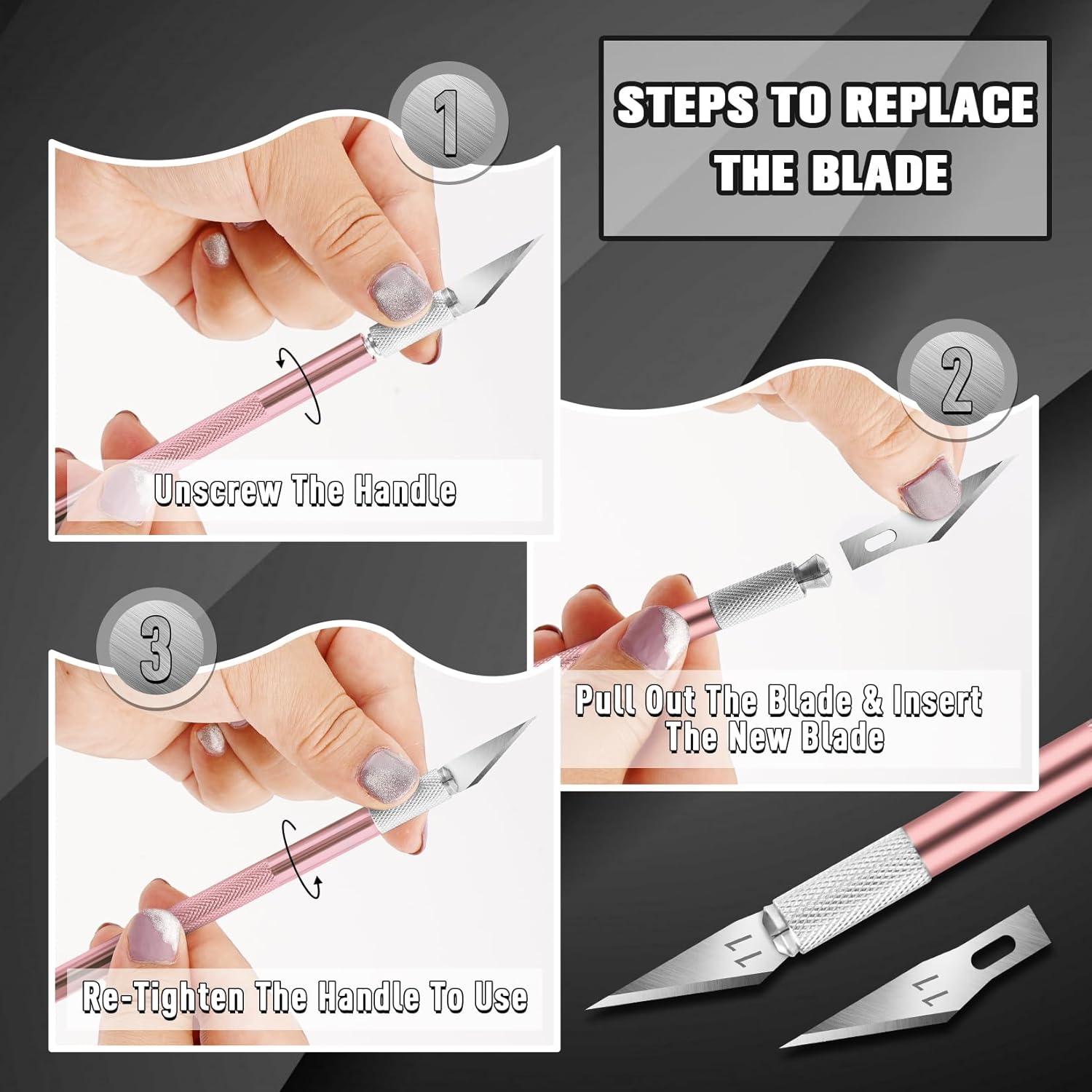 DIYSELF 2 Pack Exacto Knife for Crafting, Art, Hobby Knife for Fondant, Craft Knife Exacto, Precision Knife for Crafts, Leather, Art Knife Set, Exacting Knife Set with Extra 20 Blades #11 (Pink) image number 6