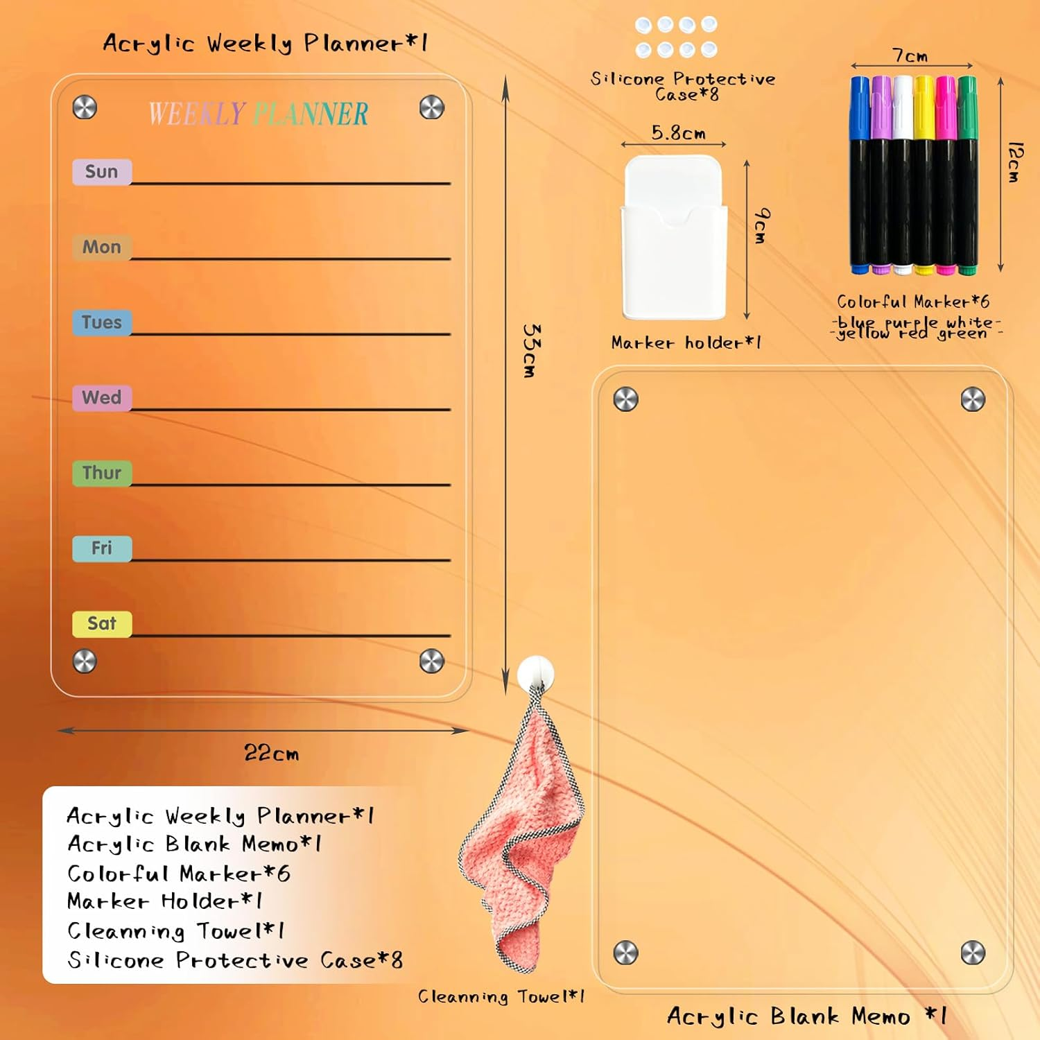 Acrylic Magnetic Planner for Fridge, Includes 6 Colorful Liquid Markers, Marker Holder, Cleaning Towel, Silicone Covers (33 * 22 Weekly Planner) image number 4