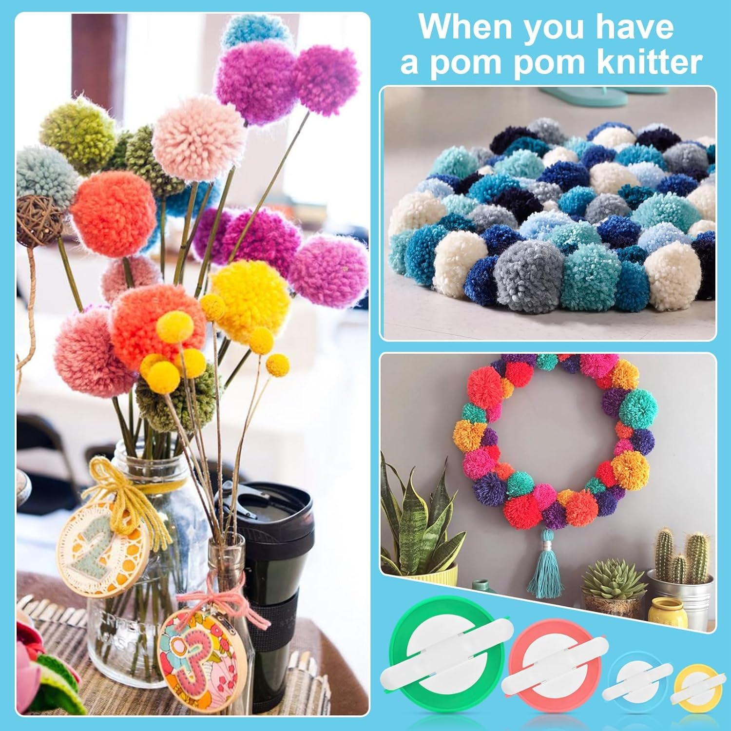 DIY Pompom Maker Kit, 4 Different Sizes Weaver Needle Craft Knitting Wool Plastic Tool Kit with Sewing Scissors, 4 Pcs Pom Pom Makers for DIY Knitting Craft, Pom Pom Knitting