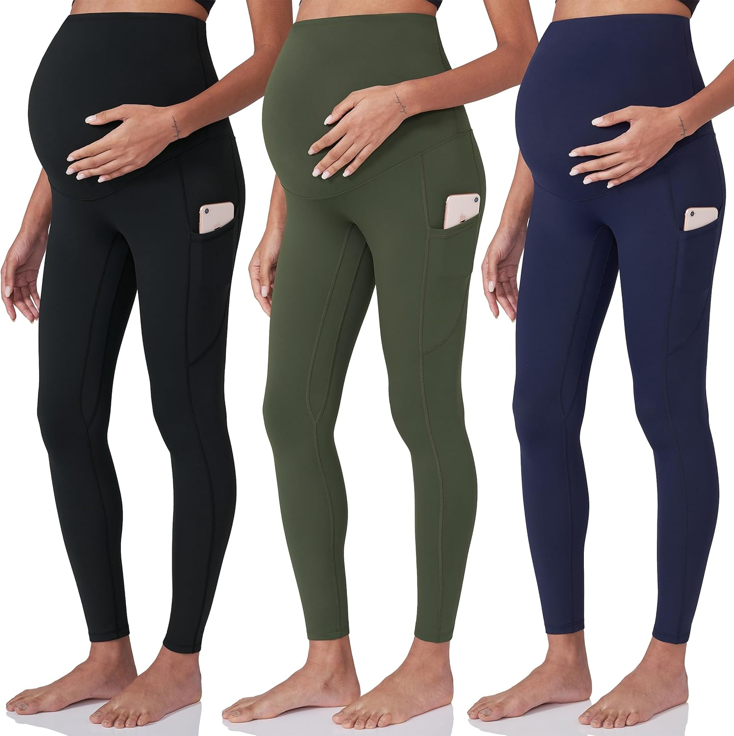 POSHDIVAH 3 Pack Women'S Maternity Workout Leggings over the Belly Pregnancy Yoga Pants with Pockets image number 5