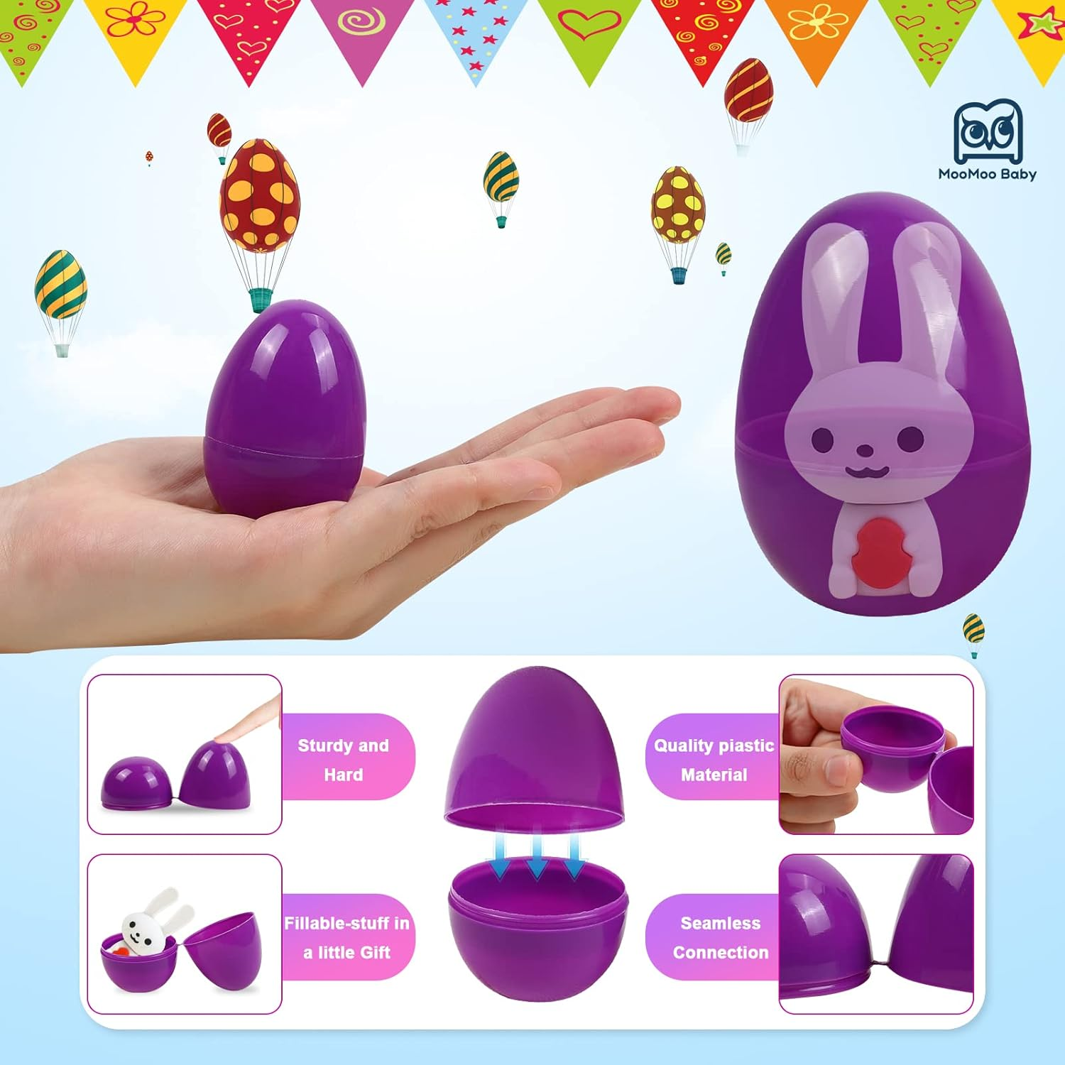 Moomoo Baby Prefilled Easter Eggs with Toys inside Colorful Bright Plastic Easter Egg, Perfect for Easter Egg Hunt, Easter Basket Stuffers Fille, 24PCS image number 2
