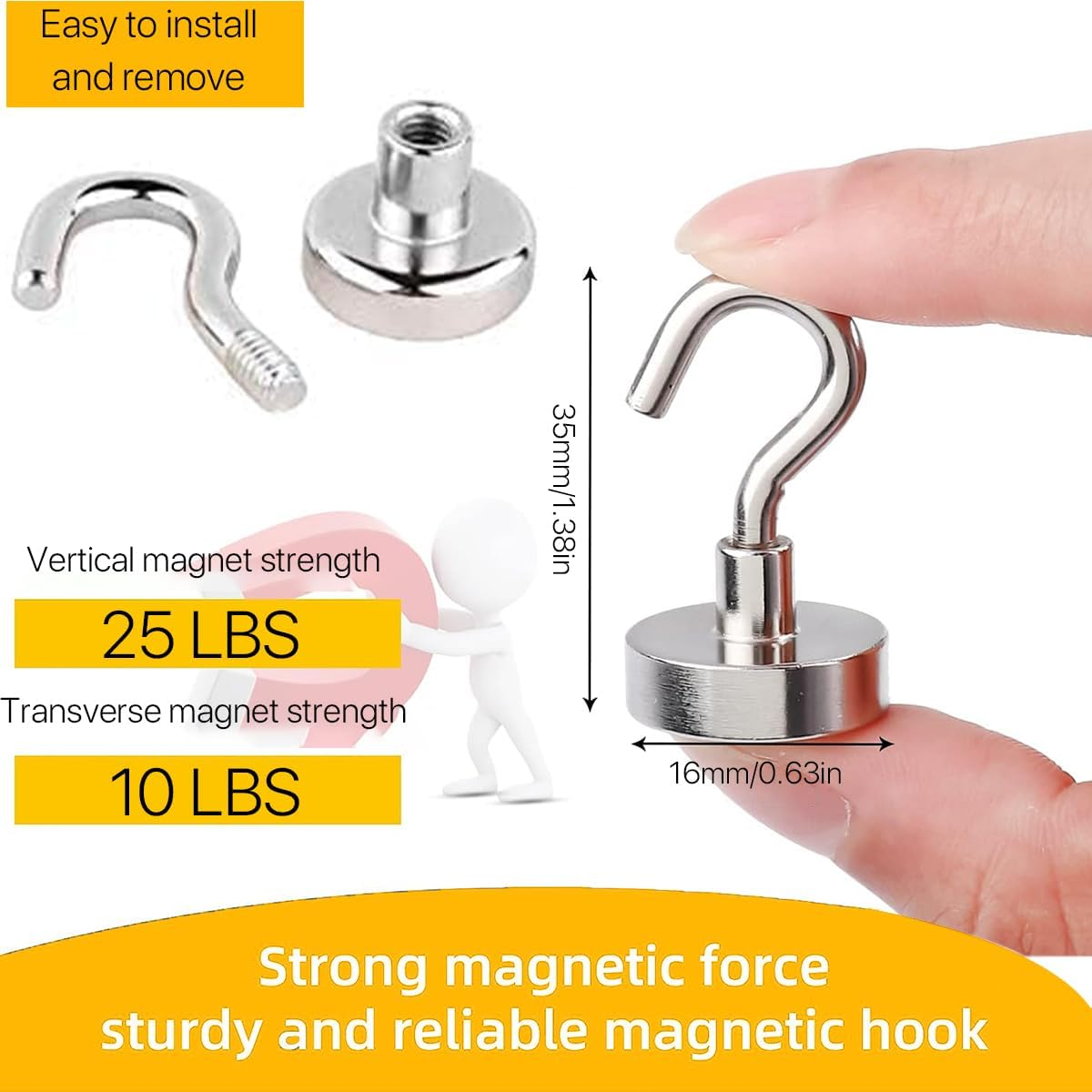 Leuik 20Pcs Magnetic Hooks Heavy Duty Strong Magnet Hooks for Hanging with Neodymium & Non Scratch Adhesive, 25LBS Magnetic Hanger for Cruise Ship Camping Grill Kitchen Toolbox Storage Refrigerator image number 3