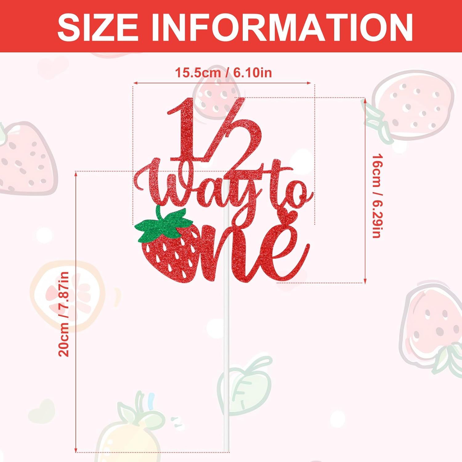 Strawberry Half Birthday Cake Topper, Berry Sweet 6 Months Celebration, Glitter Cake Pick, Happy Birthday Decorations image number 3
