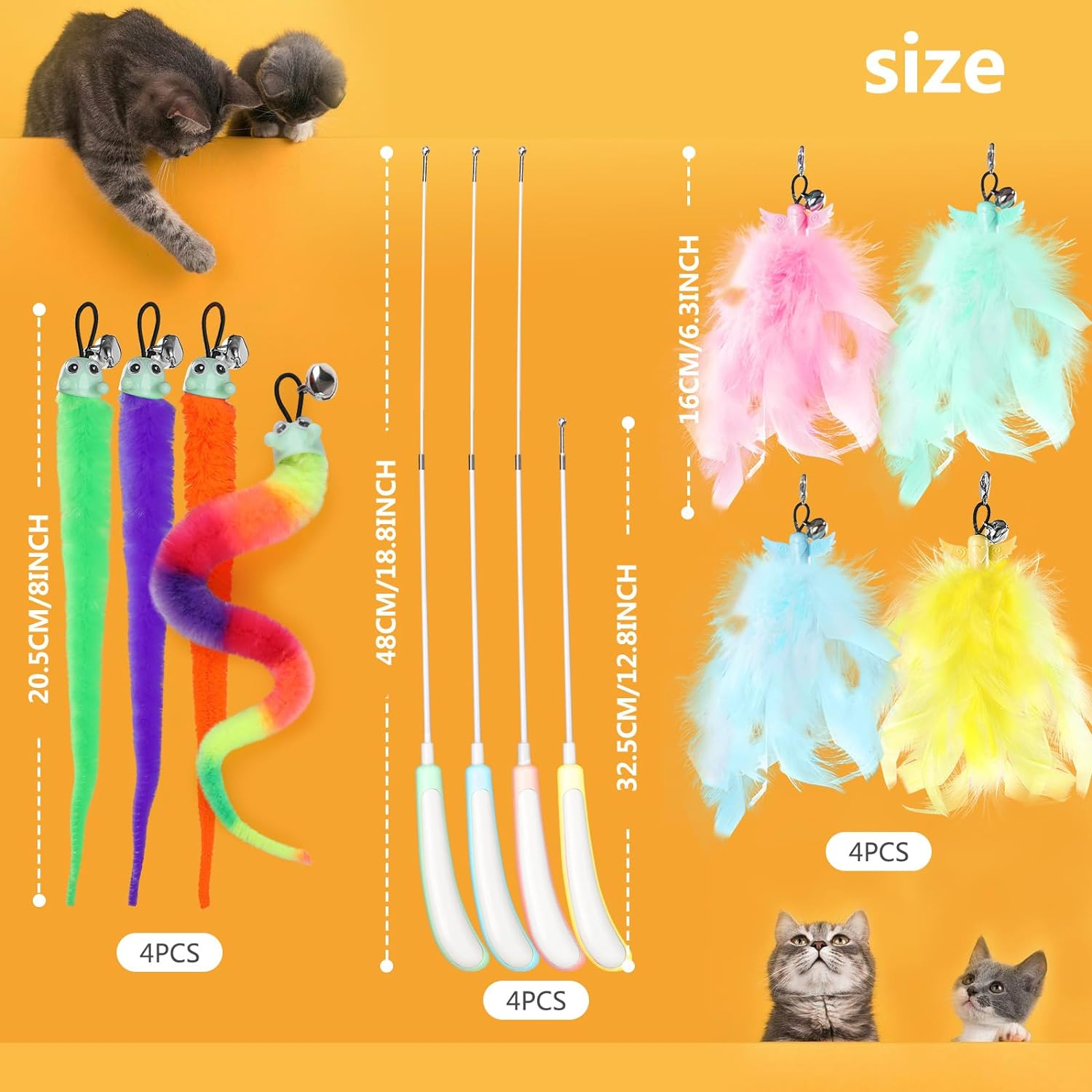 Hianjoo 12PCS Teaser Cat Toy, 4 Retractable Cat Wand Toys and 8 Replacement Teaser Refills with Bell, Interactive Catcher Teaser for Kitten or Cats image number 3