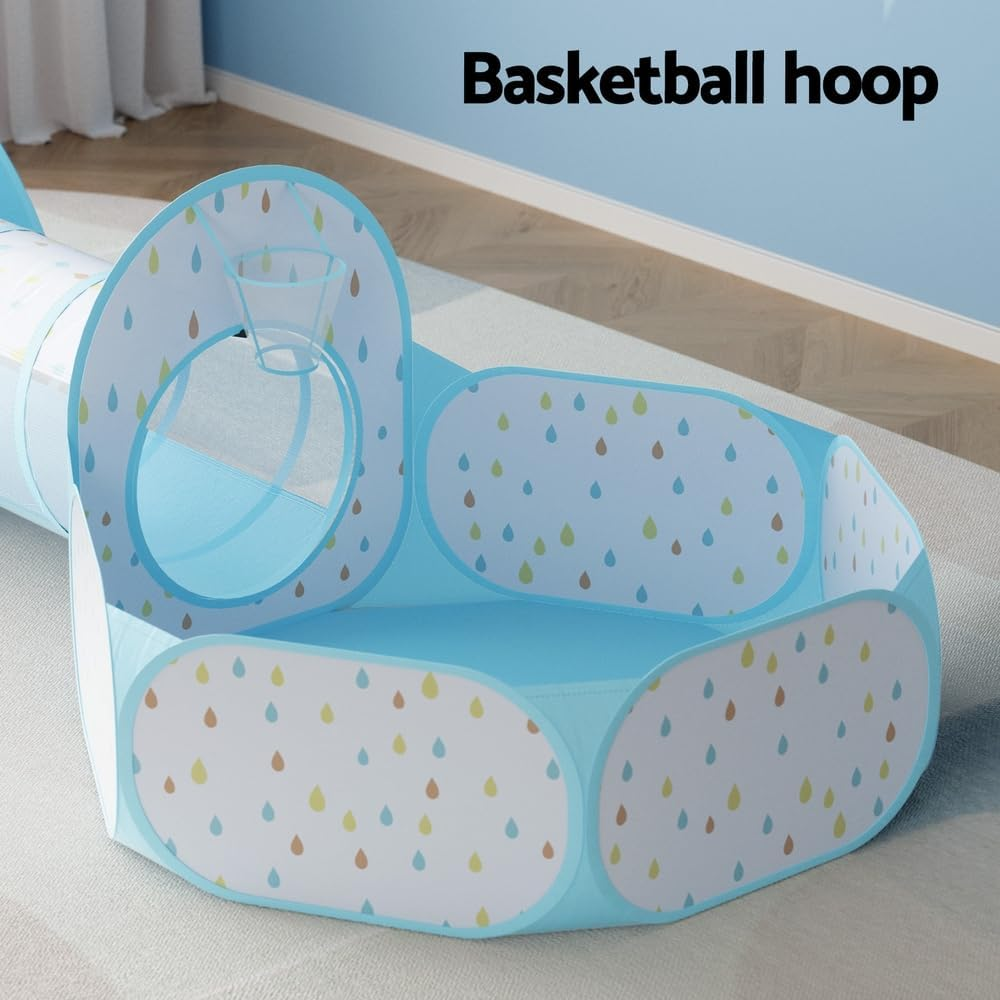 KEEZI Kids Play Tent Pop up Playhouse Ball Pit Tunnel Basketball Hoop Blue image number 3