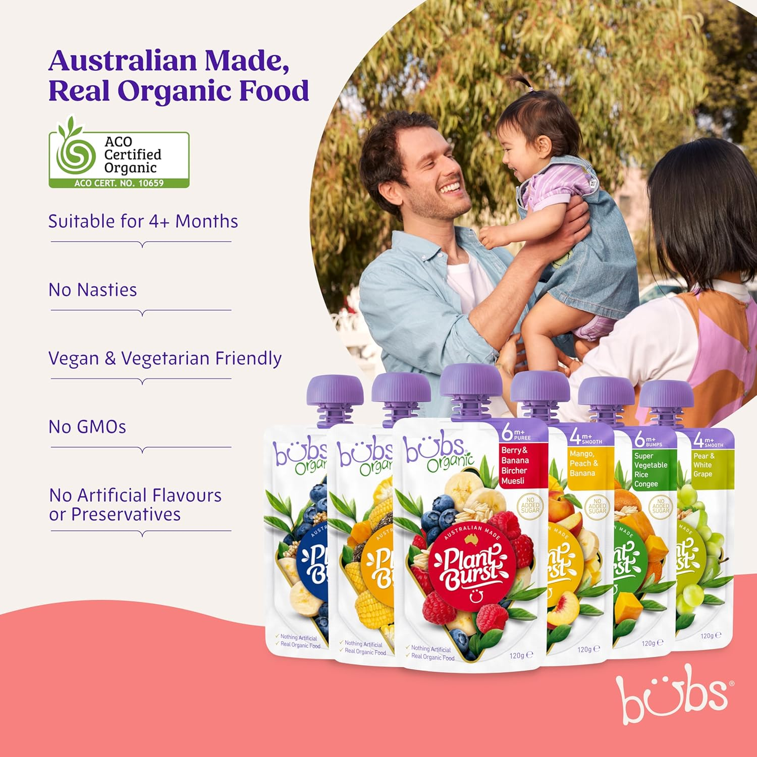 Bubs Organic Pear & White Grape Pouch, 4+ Months Baby Food, Fruit Puree Snack, 120G (Pack of 6 Pouches) image number 3