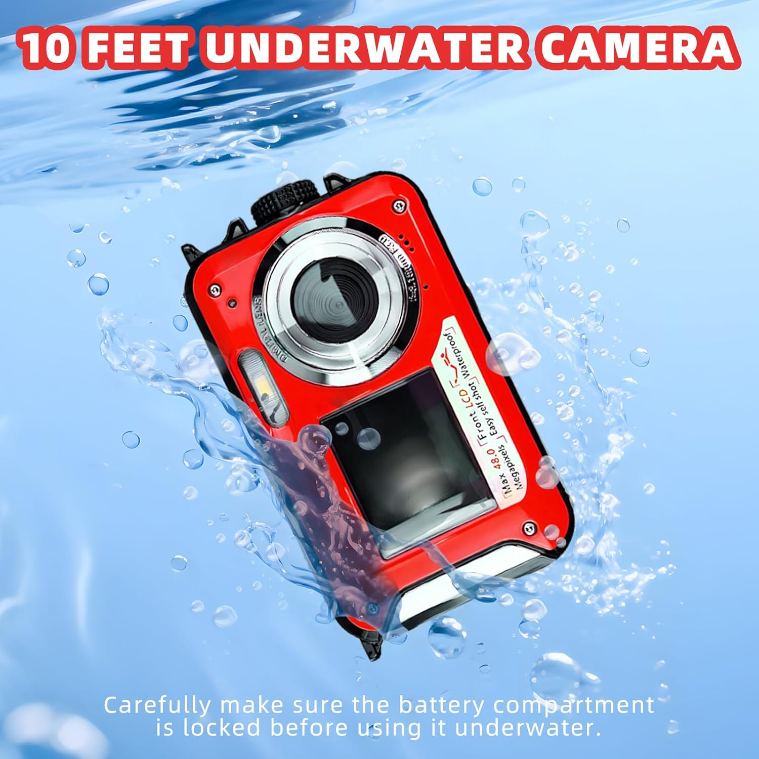 Underwater Digital Camera, 2.7K 48MP Dual-Screen Selfie Waterproof Camera 16X Digital Zoom Compact Camera for Snorkeling (Red) - Red image number 6
