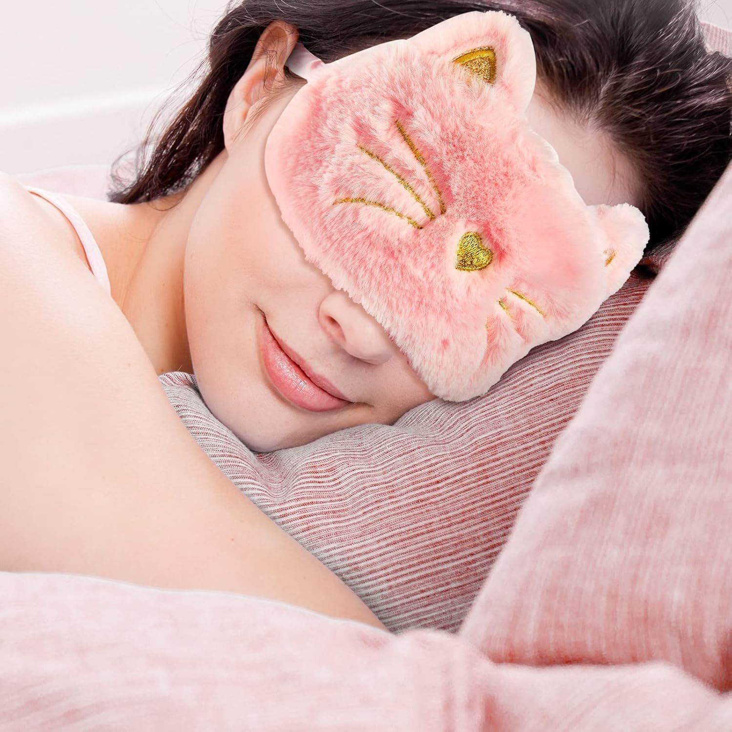 Kids Sleep Eye Mask - Plush Animal Sleeping Eye Cover, 3 Pcs Soft Funny Blindfold, White, Pink, Rainbow, Cat Style image number 3