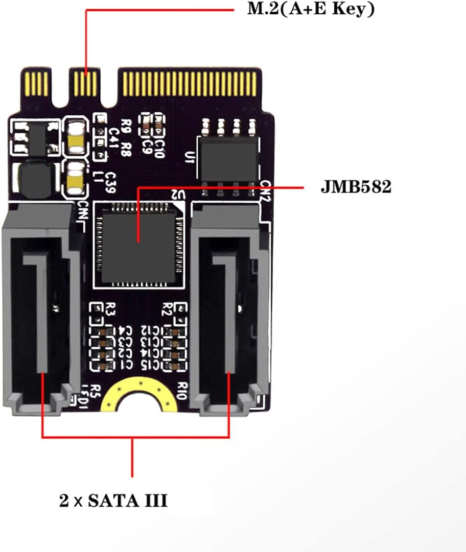 NFHK NGFF Key A+E PCI Express to SATA 3.0 6Gbps Dual Ports Adapter Converter Hard Drive Extension Card JMB582 2230 image number 1