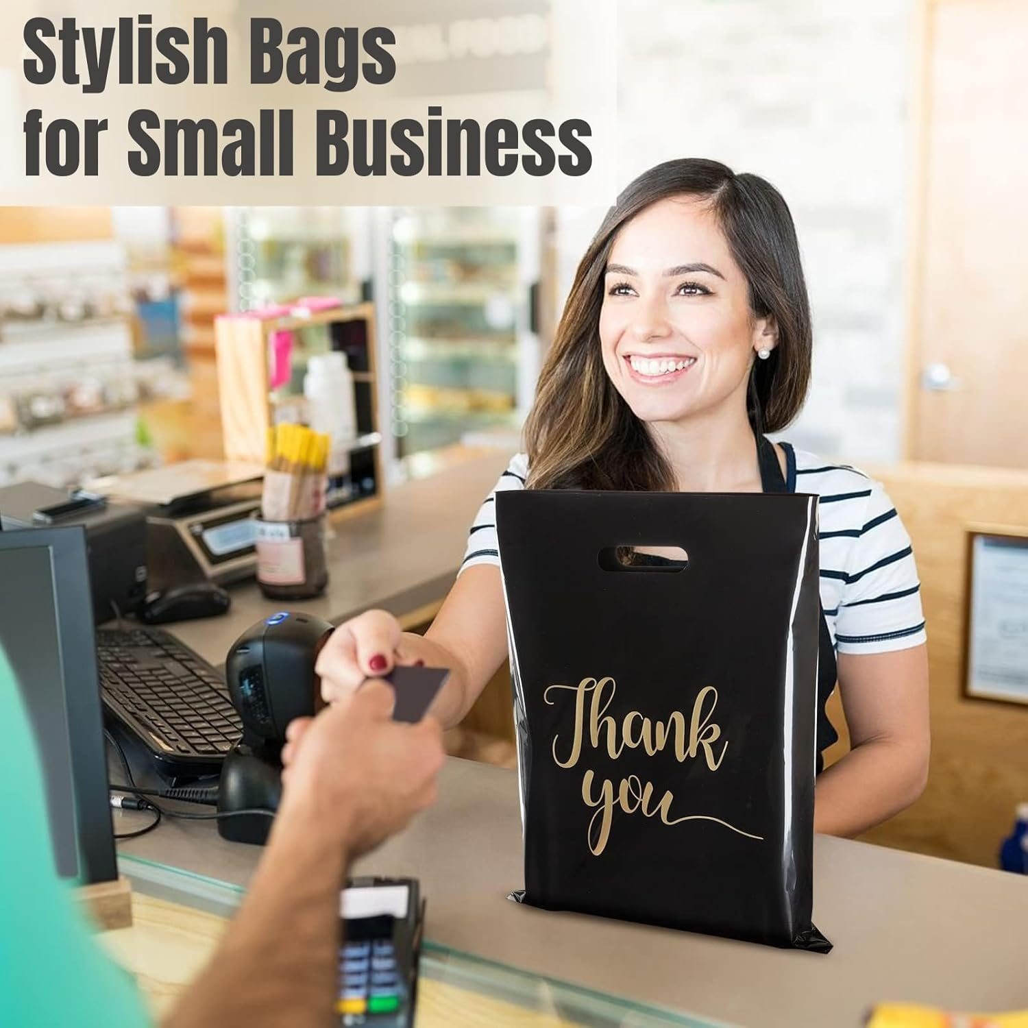 100 Pack Thank You Bags for Business Small Shopping Bags, Plastic Merchandise Gifts Bag for Packaging Products, Retail Boutique for Wholesale Clothes Stores, Polka Dot, Black (Black, 23X30Cm)