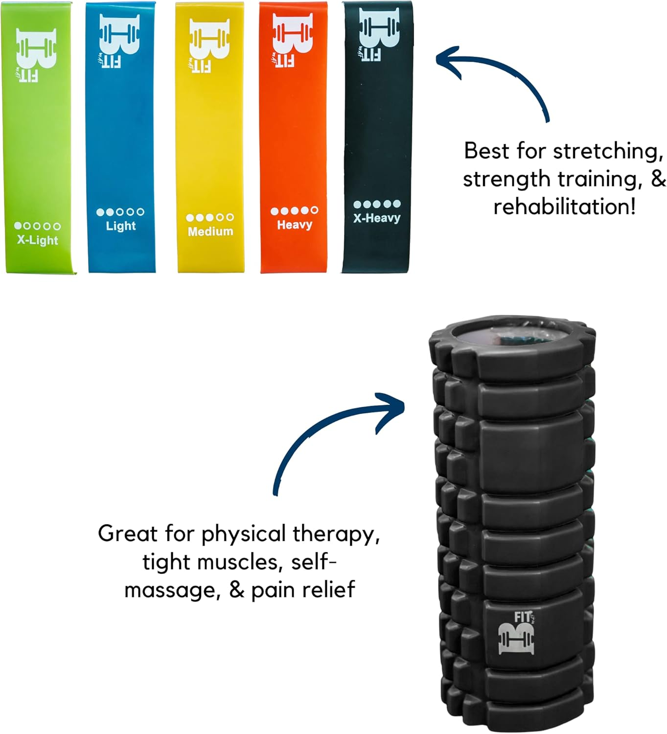 BFIT 9 in 1 Foam Roller Set Includes Massage Roller with 5 Loop Resistance Bands, Solid Massage Ball, Double Lacrosse Peanut and Spikey Trigger Point Ball for Pain, Legs, Yoga & Physical Therapy (Black)