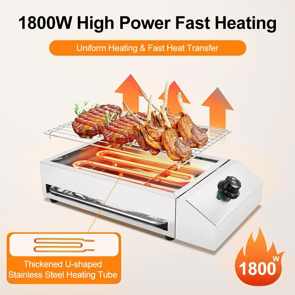 Indoor Smokeless Grill, 2600W Commercial Electric Grill Stainless Steel Barbecue Oven Grills with Oil Pan Suitable BBQ Equipment for Indoor and Outdoor Camping
