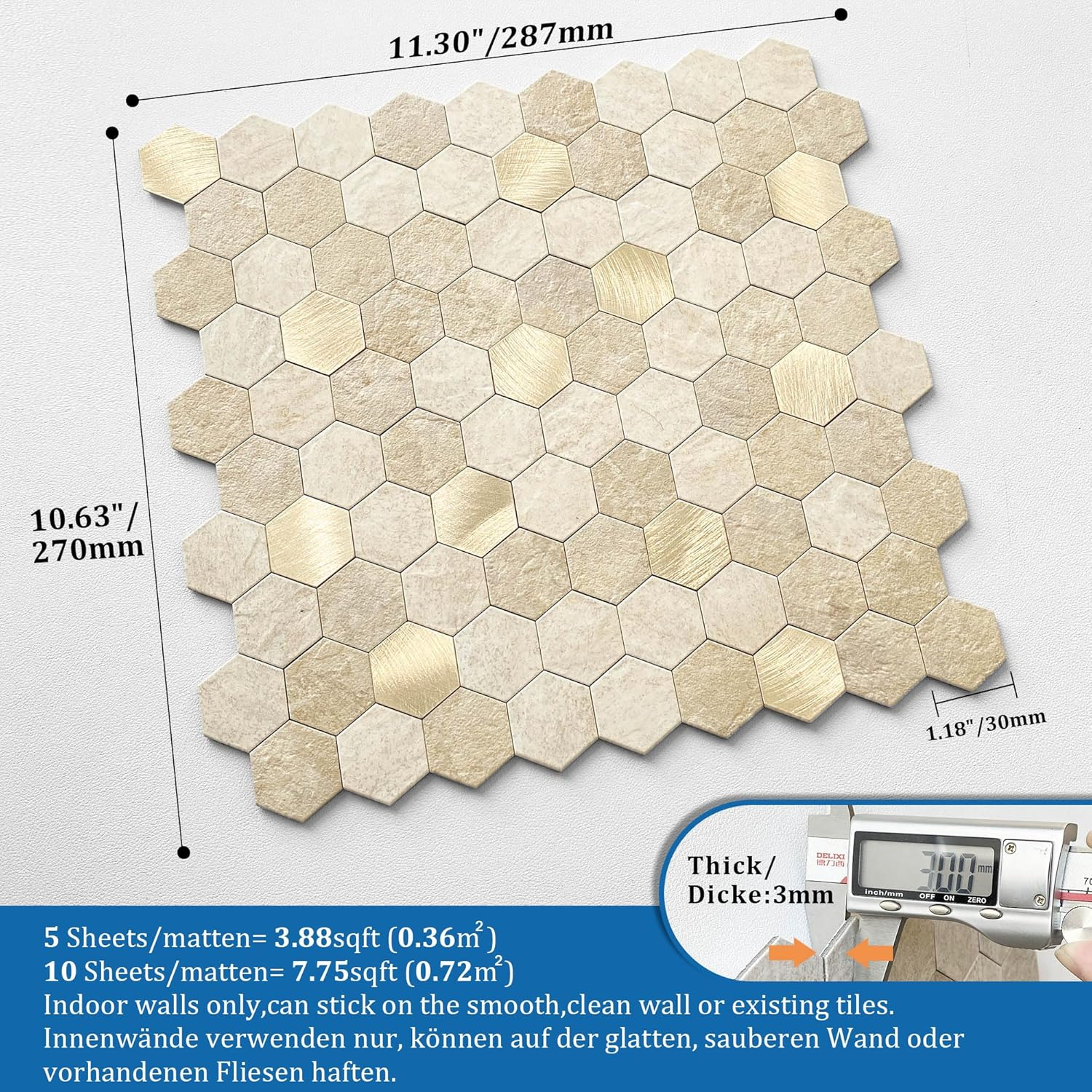 MOFIT Hexagon Peel and Stick Backsplash Tiles Kitchen,Self-Adhesive Metal and Marble Honeycomb Peel and Stick Wall Tiles Sticker Mosaic Heat Resistant(Beige,10Sheets) image number 5