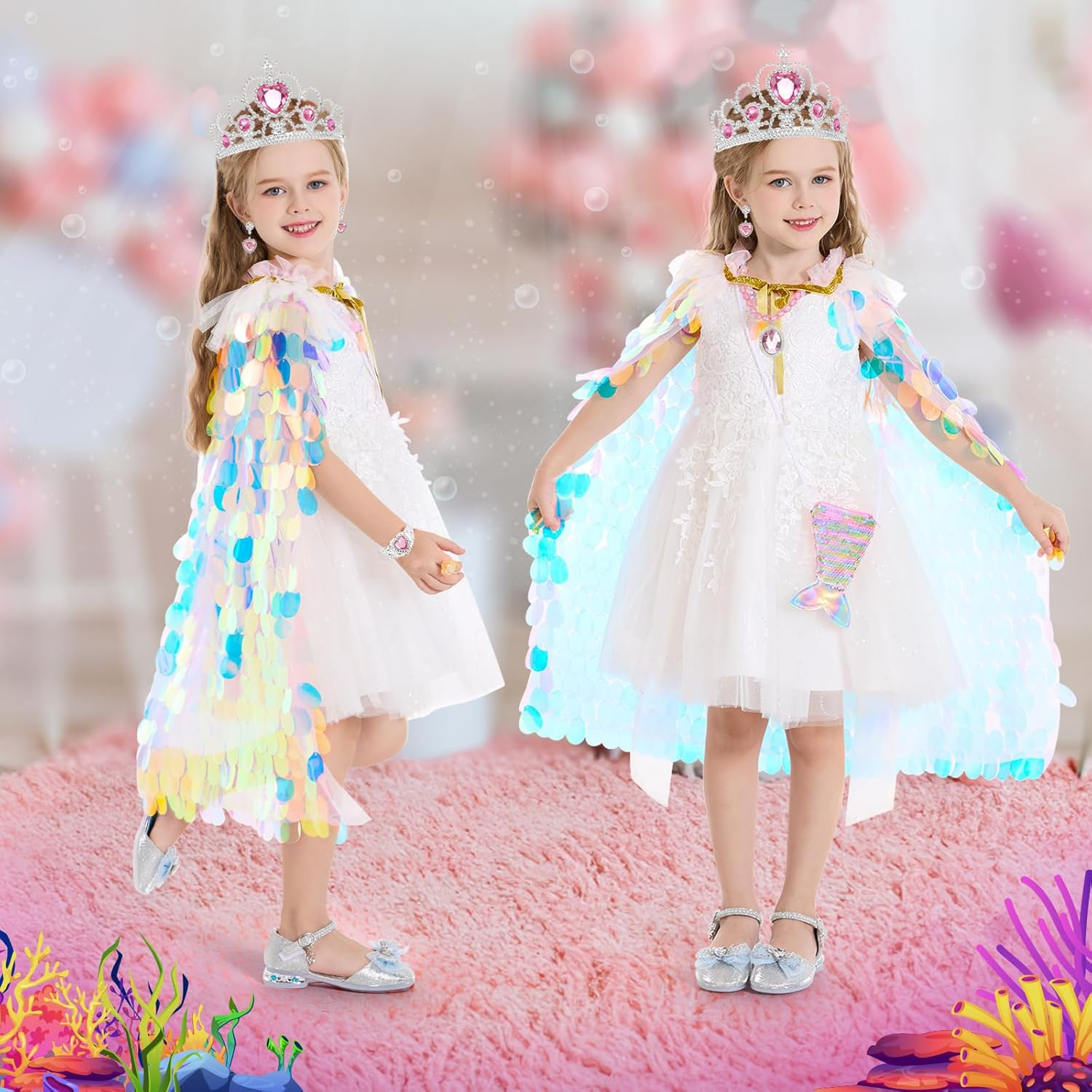 MOTYYA Princess Dress up Clothes for Girls, 9Pcs Rainbow Mermaid Cape Kit Princess Dress up Costume Toys Gift Set for Little Girls 3-8 Years Old, Party Favors Birthday Great Gift Set image number 2