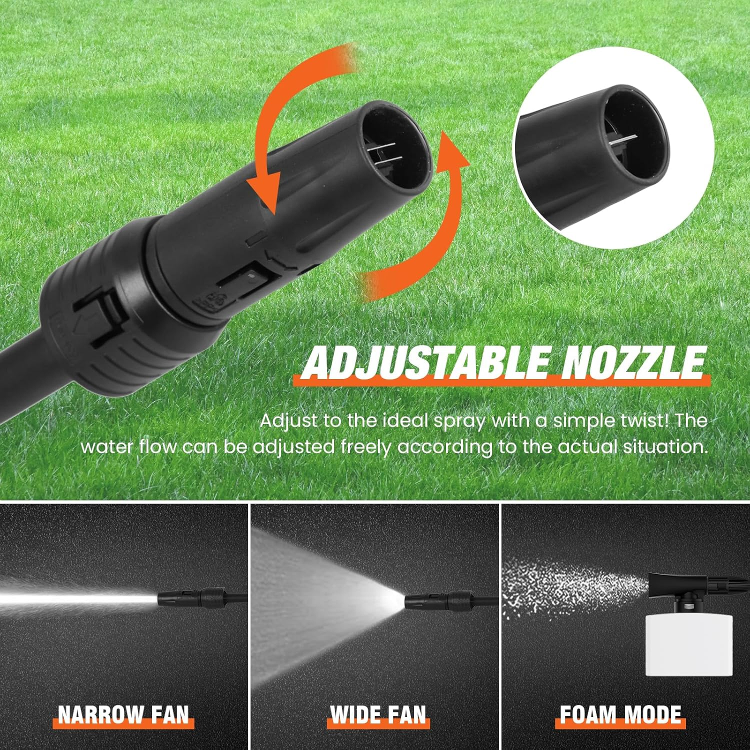 ADVWIN 3500PSI Pressure Washer, 2000W Electric High Power Washer Adjustable Spray Gun with 5M High Pressure Hose, Power Cleaner Machine for Cars/Fences/Driveways/Patios/Home Cleaning, Orange image number 5